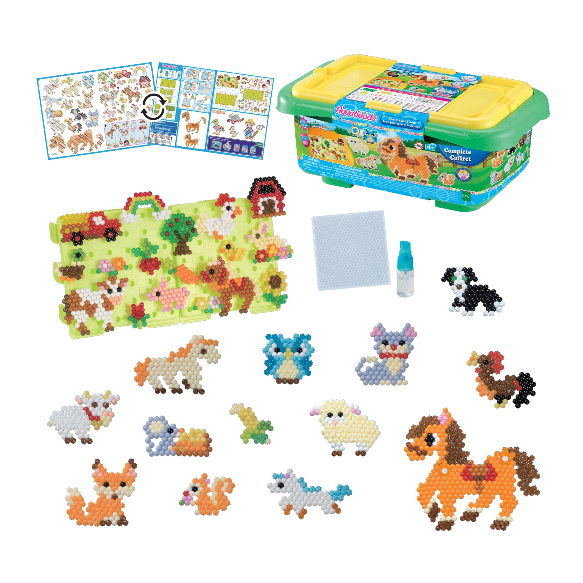 Un juego de cuentas con figuras de animales, una base verde, instrucciones y un recipiente.