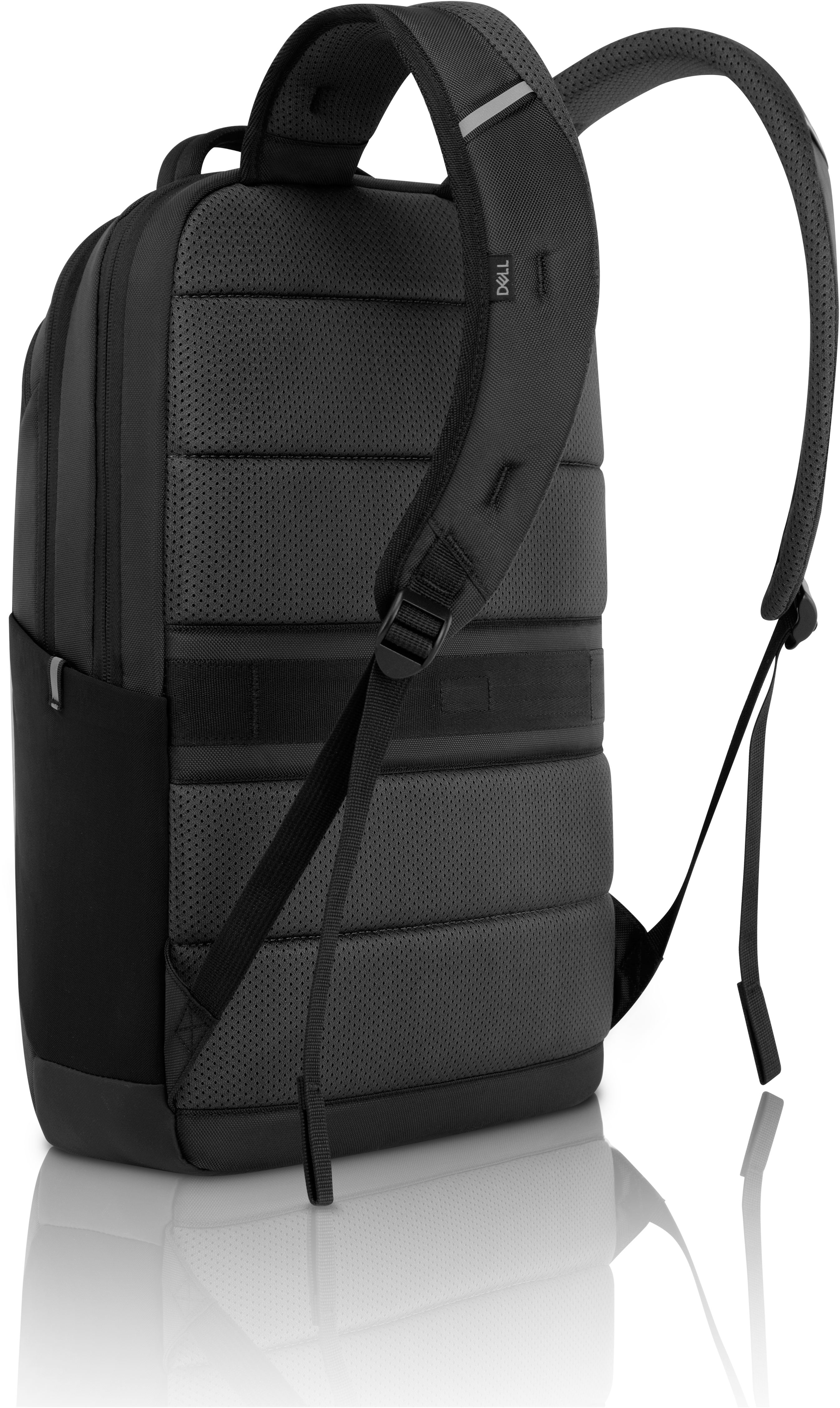 Schwarzer Dell-Rucksack von hinten. Gepolsterter Rücken, Schultergurte. Weißer Hintergrund, Spiegelung sichtbar.