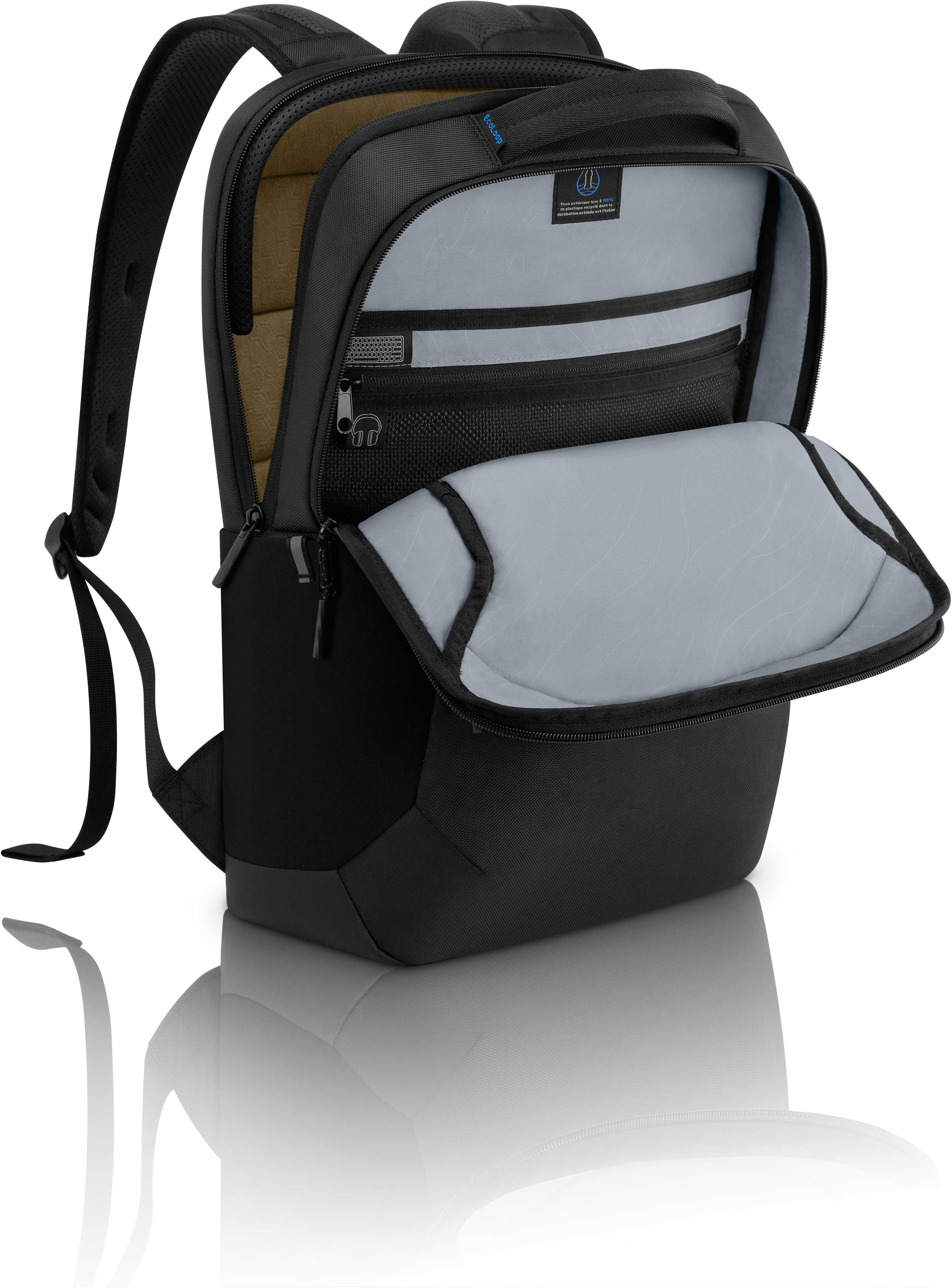 Schwarzer Rucksack mit offenen Fächern. Innen hellgrau und beige mit Taschen und Reißverschlüssen. Der Hintergrund ist weiß.