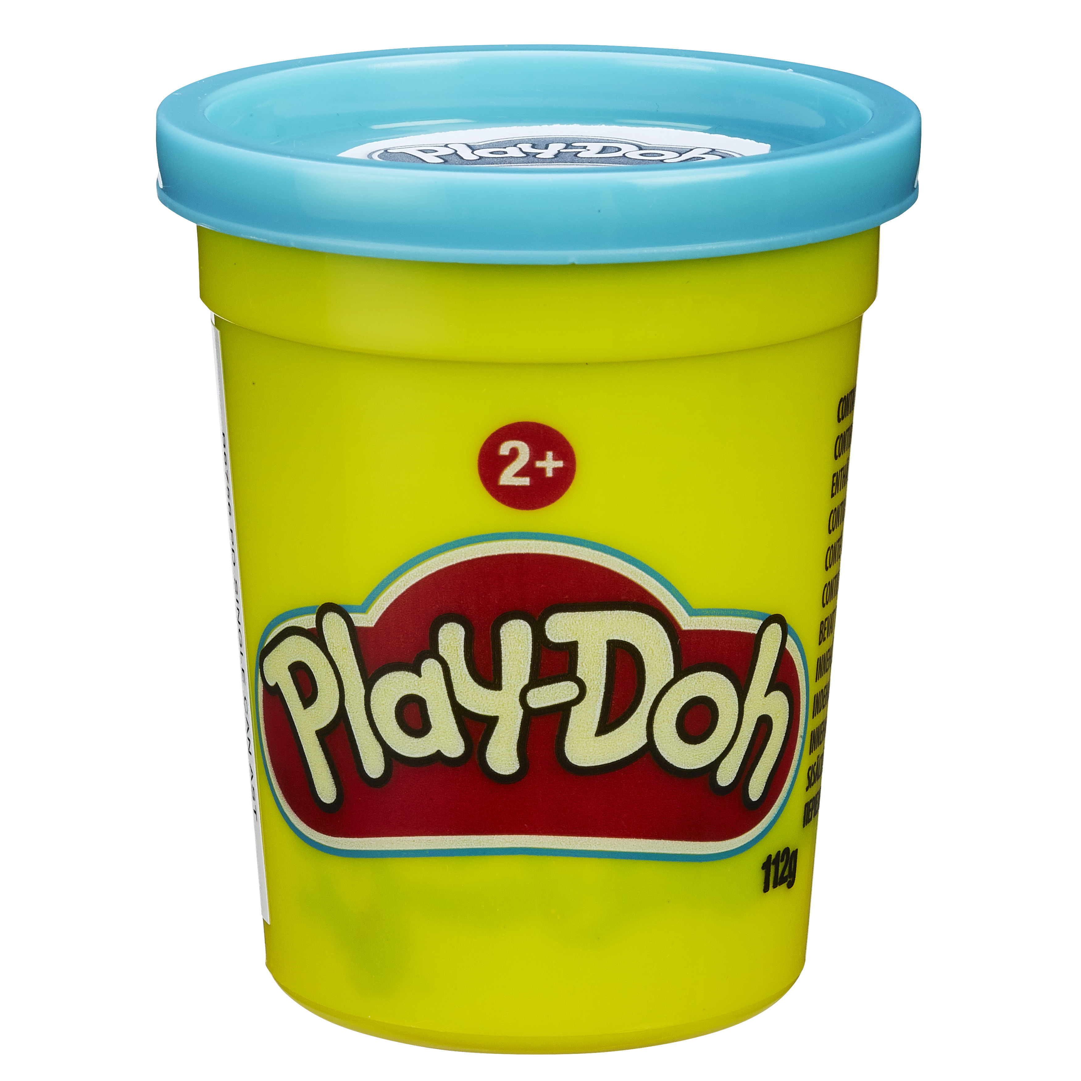 Un recipiente amarillo de Play-Doh con tapa azul y el logo de Play-Doh.