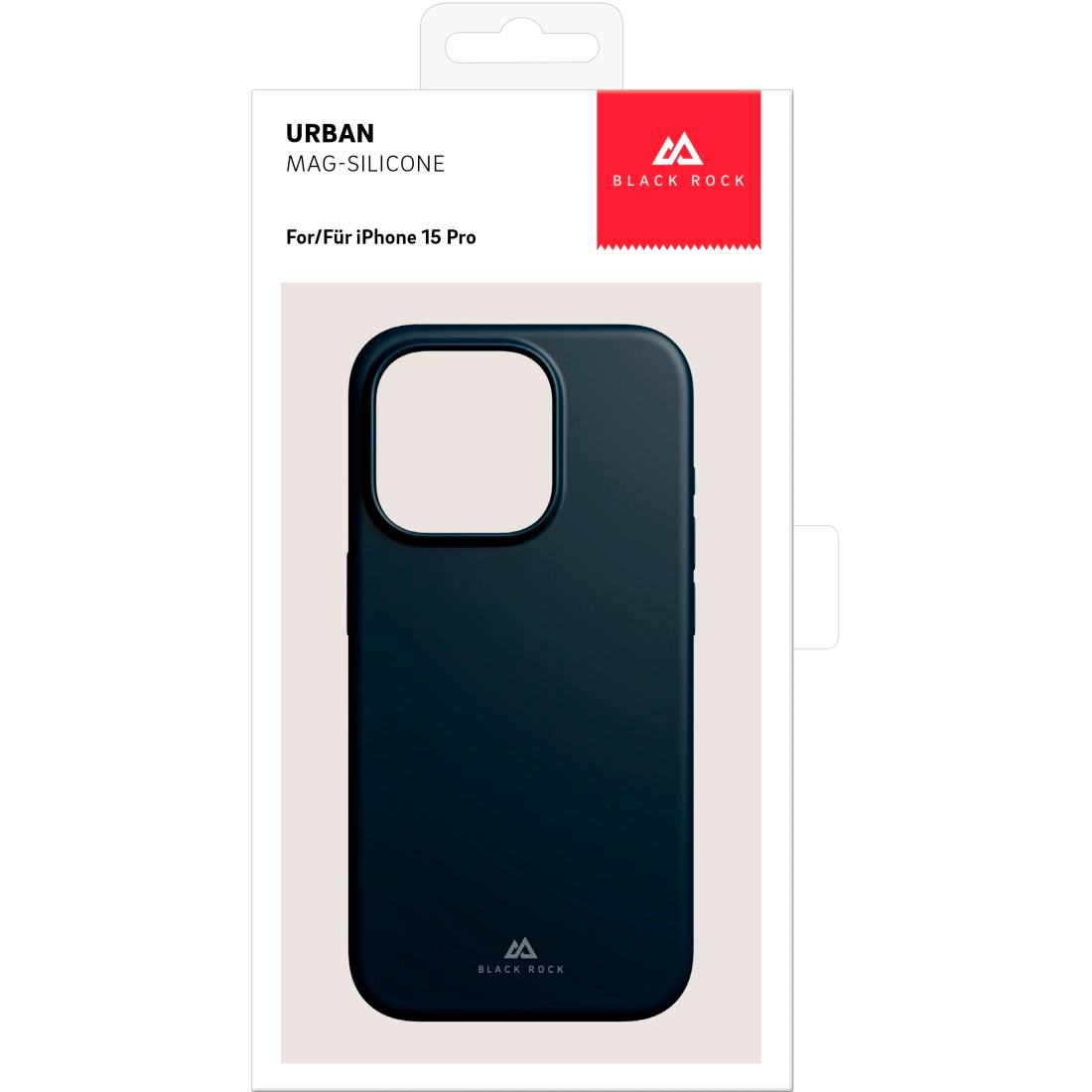 Una custodia per telefono in una scatola, custodia nera con foro per fotocamera.