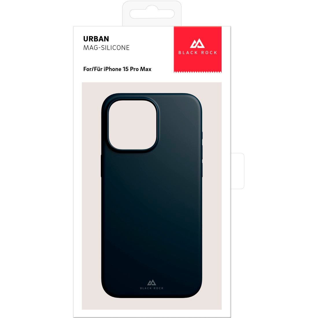 Custodia per telefono nera in una scatola bianca. La custodia è liscia e ha un ritaglio per la fotocamera. Il logo Black Rock è visibile.