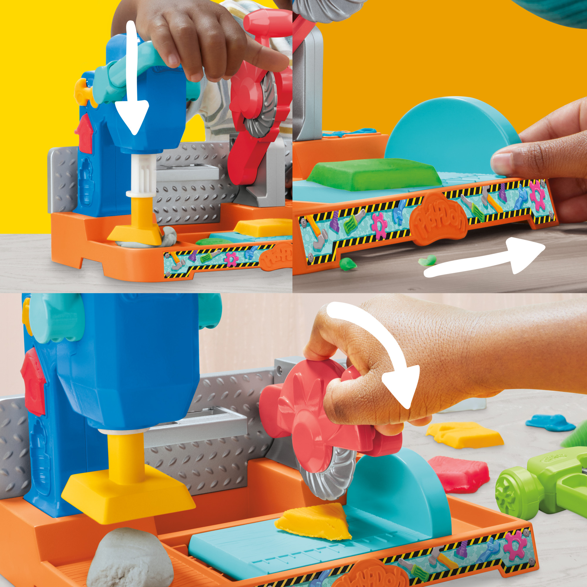 Juego de juguetes Play-Doh en múltiples vistas. Manos usando herramientas para dar forma a la arcilla. Naranja y azul.