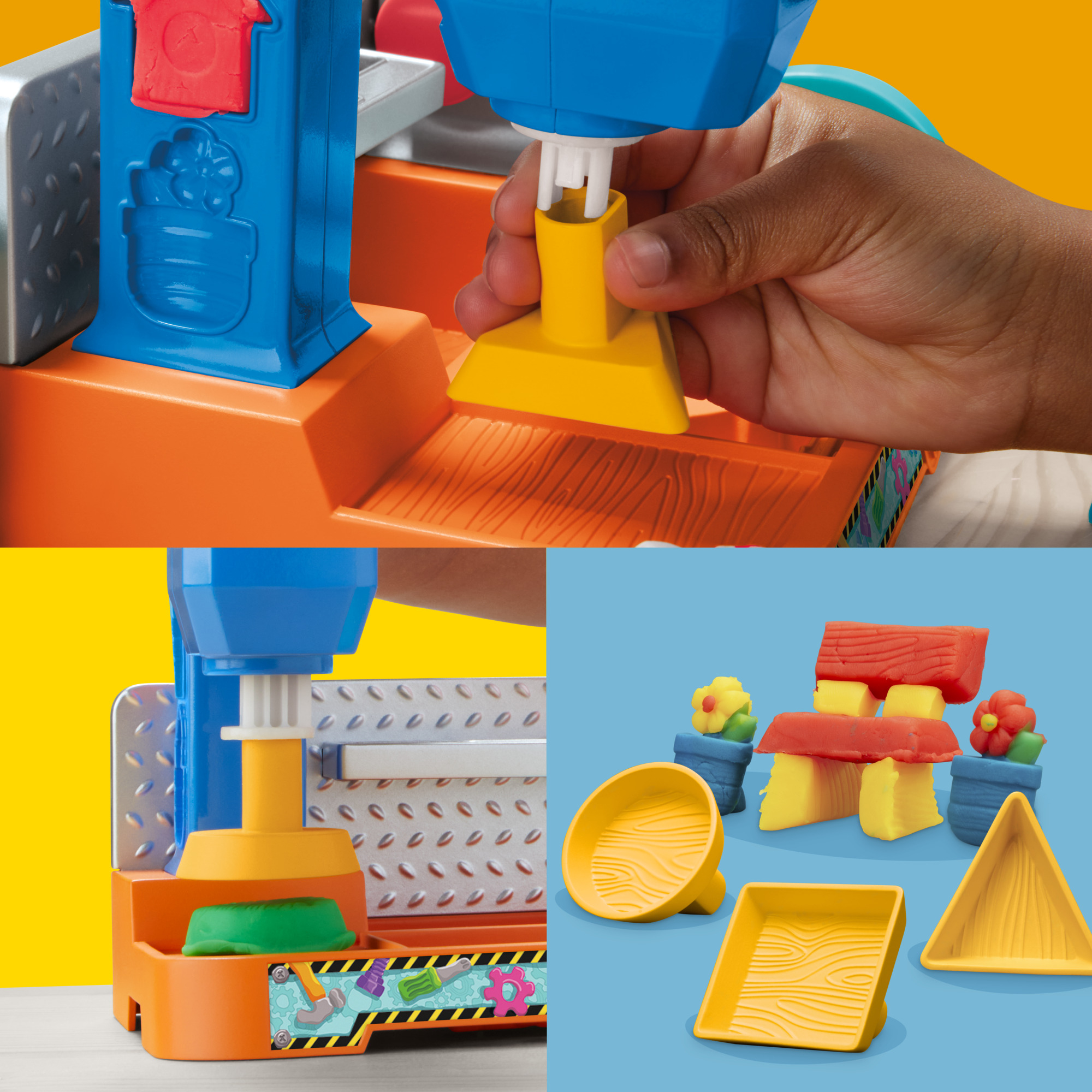 La mano de un niño usando herramientas de juguete en un set de juego colorido con accesorios.