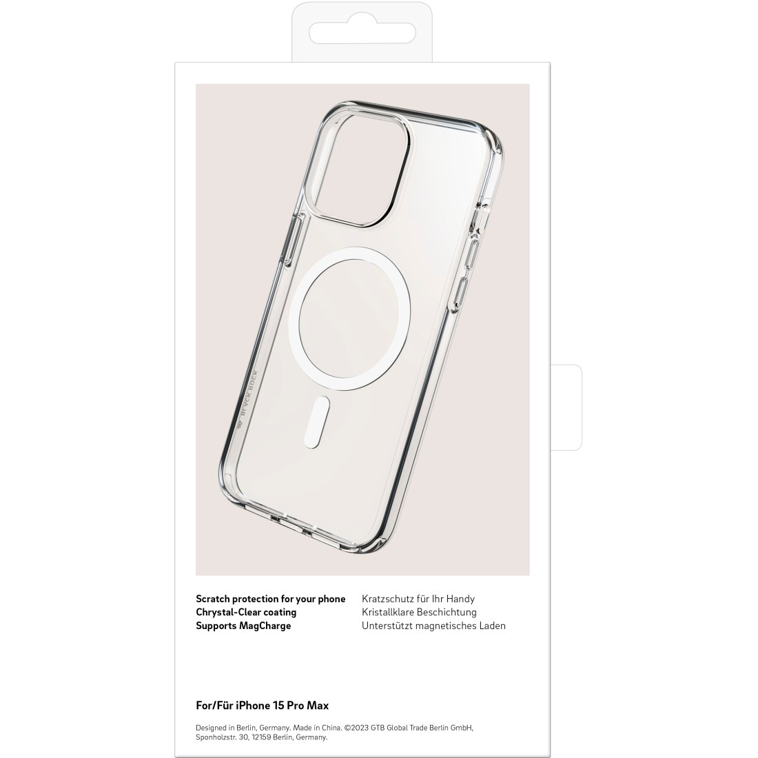 Transparente Handyhülle in Verpackung. Text beschreibt Kratzschutz, Beschichtung & MagSafe-Unterstützung.
