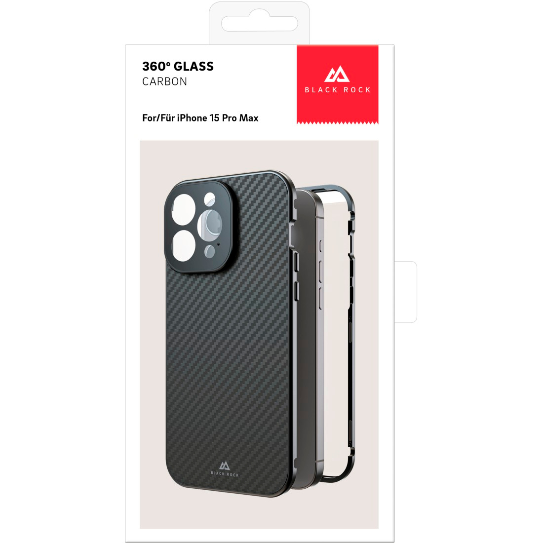 iPhone 15 Pro Max Hülle, Carbonfaser-Design, in Verpackung. Black Rock Logo und Produktinfo sichtbar.
