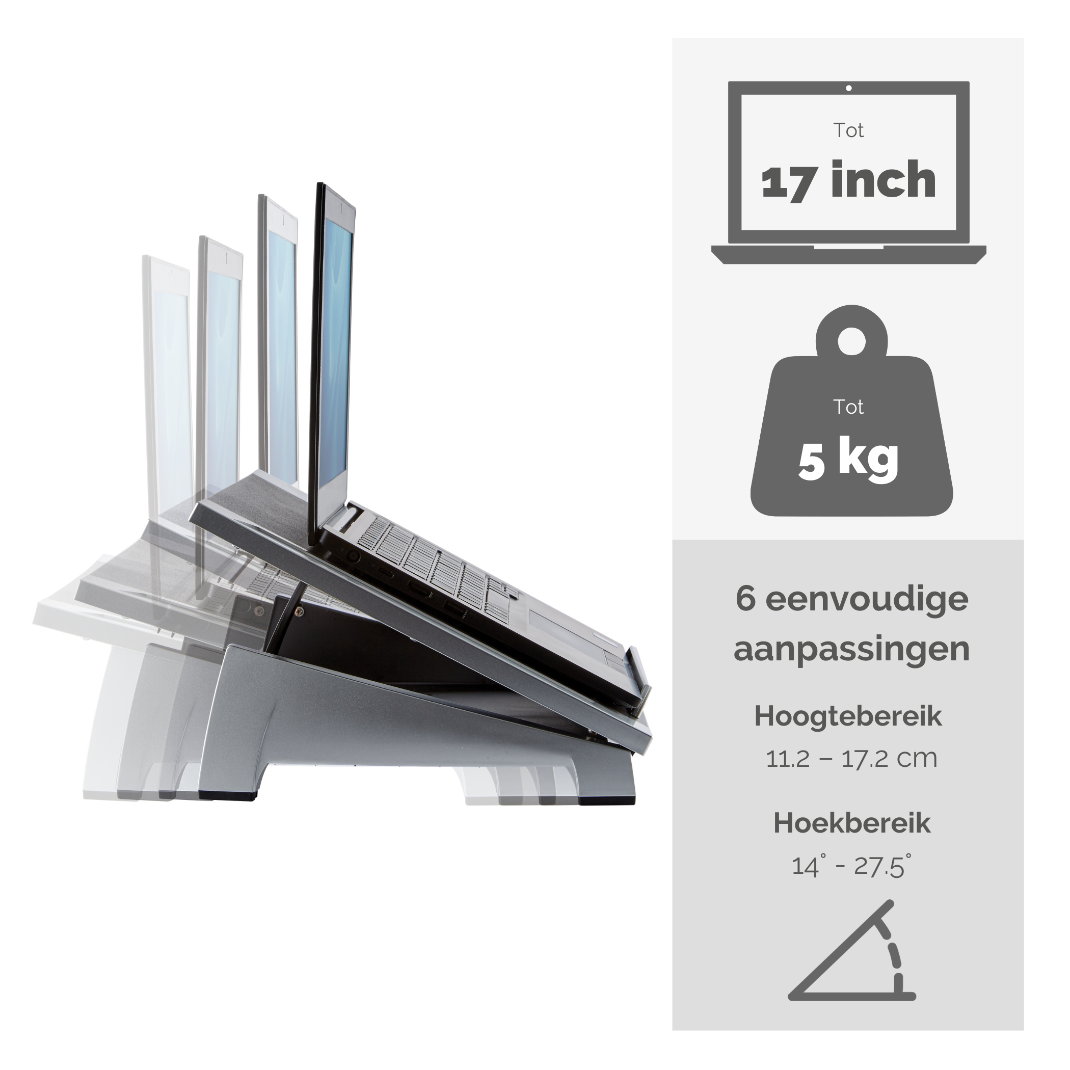 Ein Laptop auf einem silbernen Ständer, der bis zu 17 Zoll fasst.