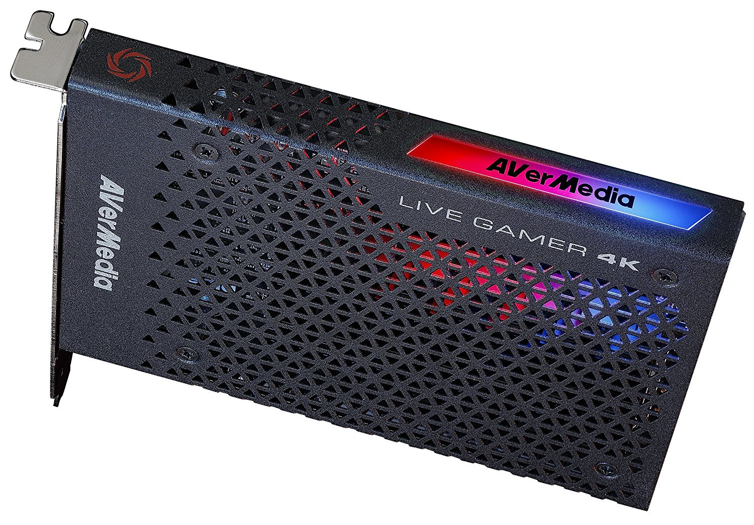 Scheda di acquisizione AverMedia Live Gamer 4K nera. Ha illuminazione RGB e un case in metallo perforato.