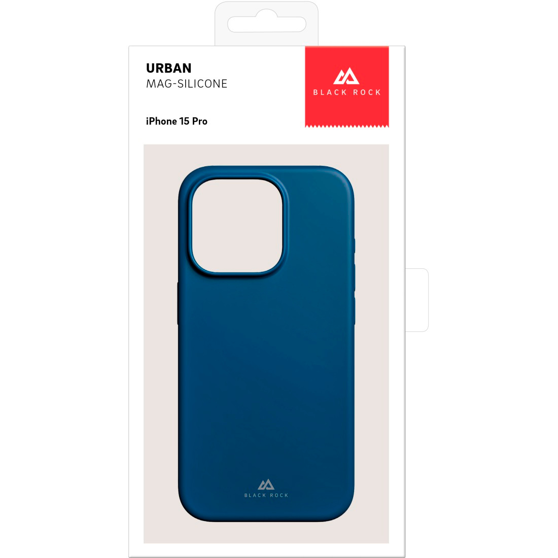 Una custodia blu per telefono in una scatola bianca con il logo Black Rock.