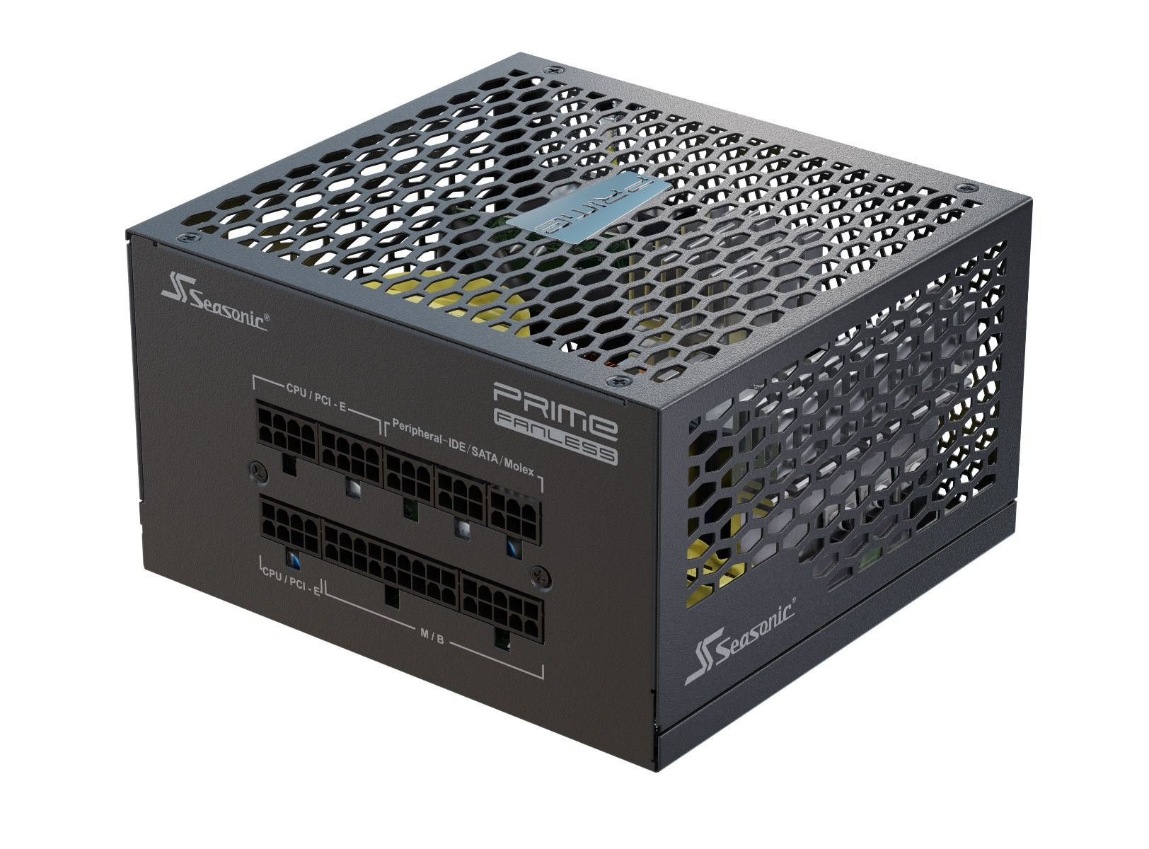 Een zwarte Seasonic PRIME FANLESS voeding. Het heeft een mesh bovenkant en veel poorten.