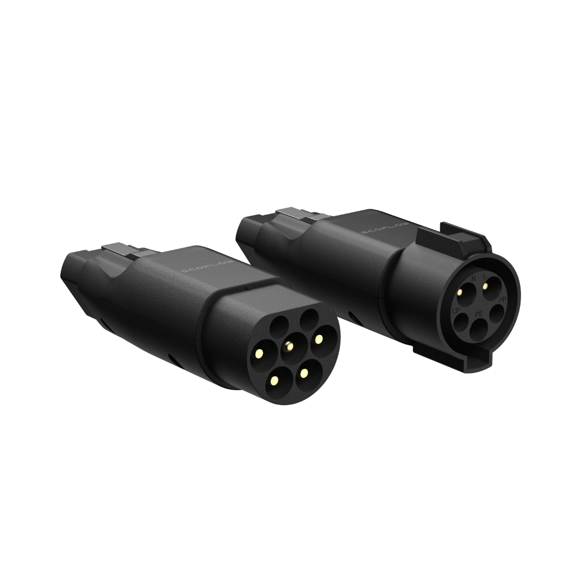 Dwa czarne złącza ładowania EV z wieloma pinami na białym tle.