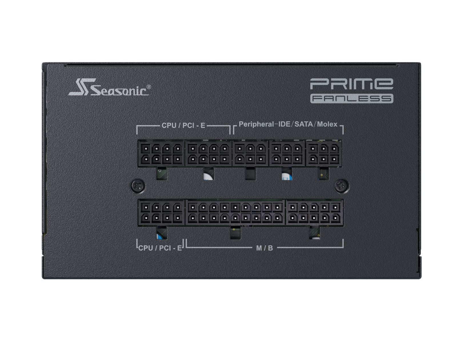 Een zwarte Seasonic Prime Fanless voeding. Hij heeft meerdere poorten en connectoren.
