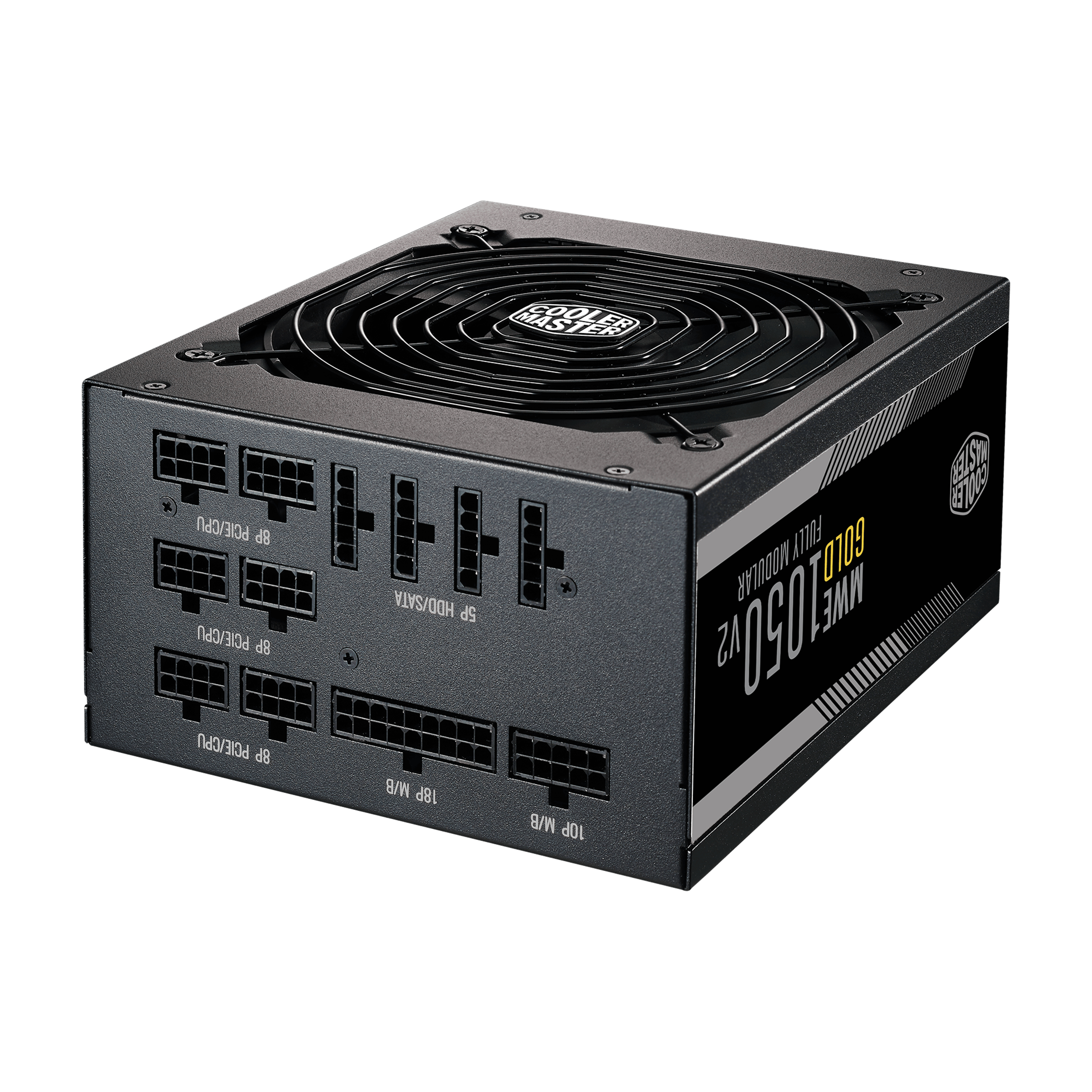Alimentatore nero Cooler Master. Mostra porte, ventola ed etichetta su sfondo bianco.