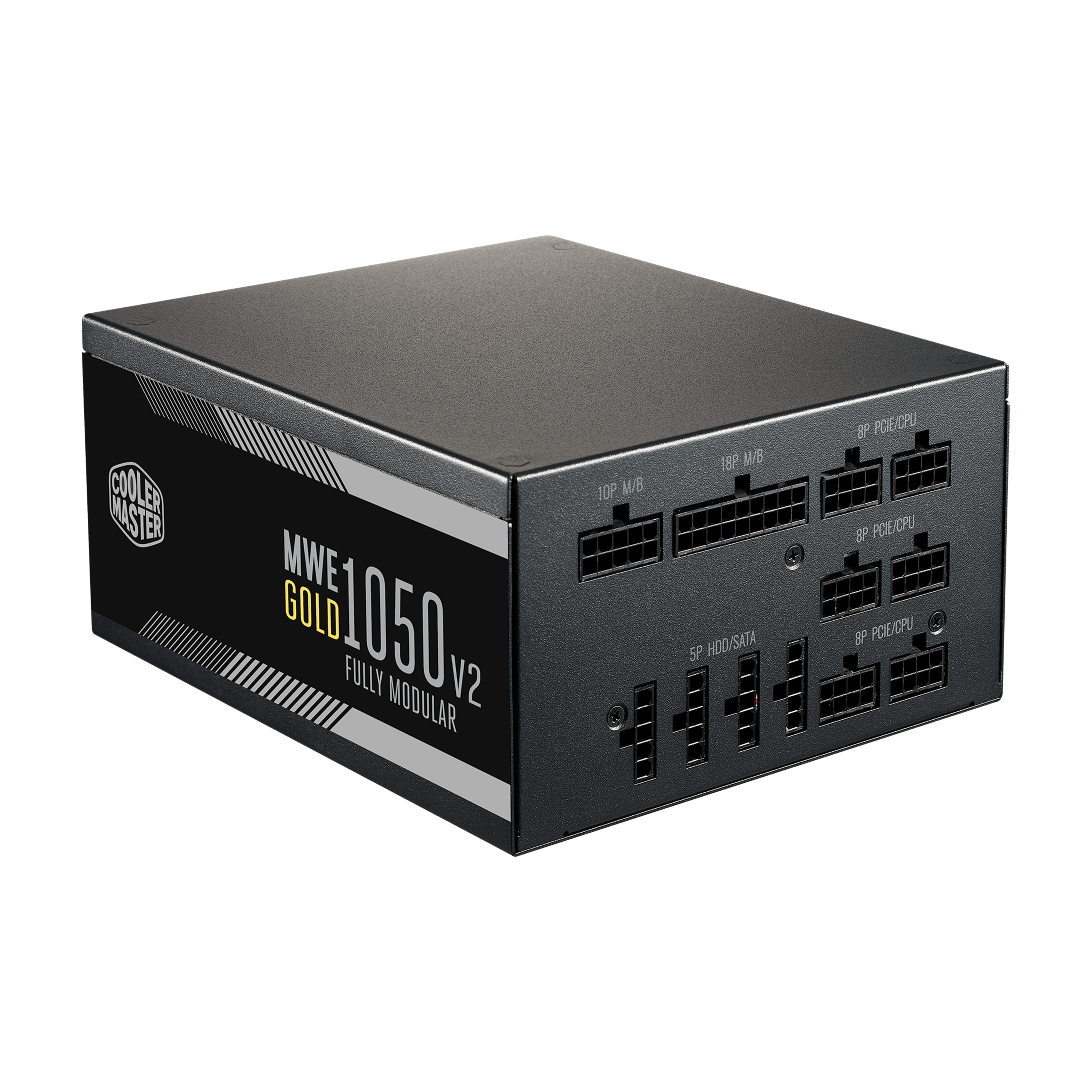 Alimentatore nero con più porte, etichettato con testo. Logo Cooler Master nell'angolo.