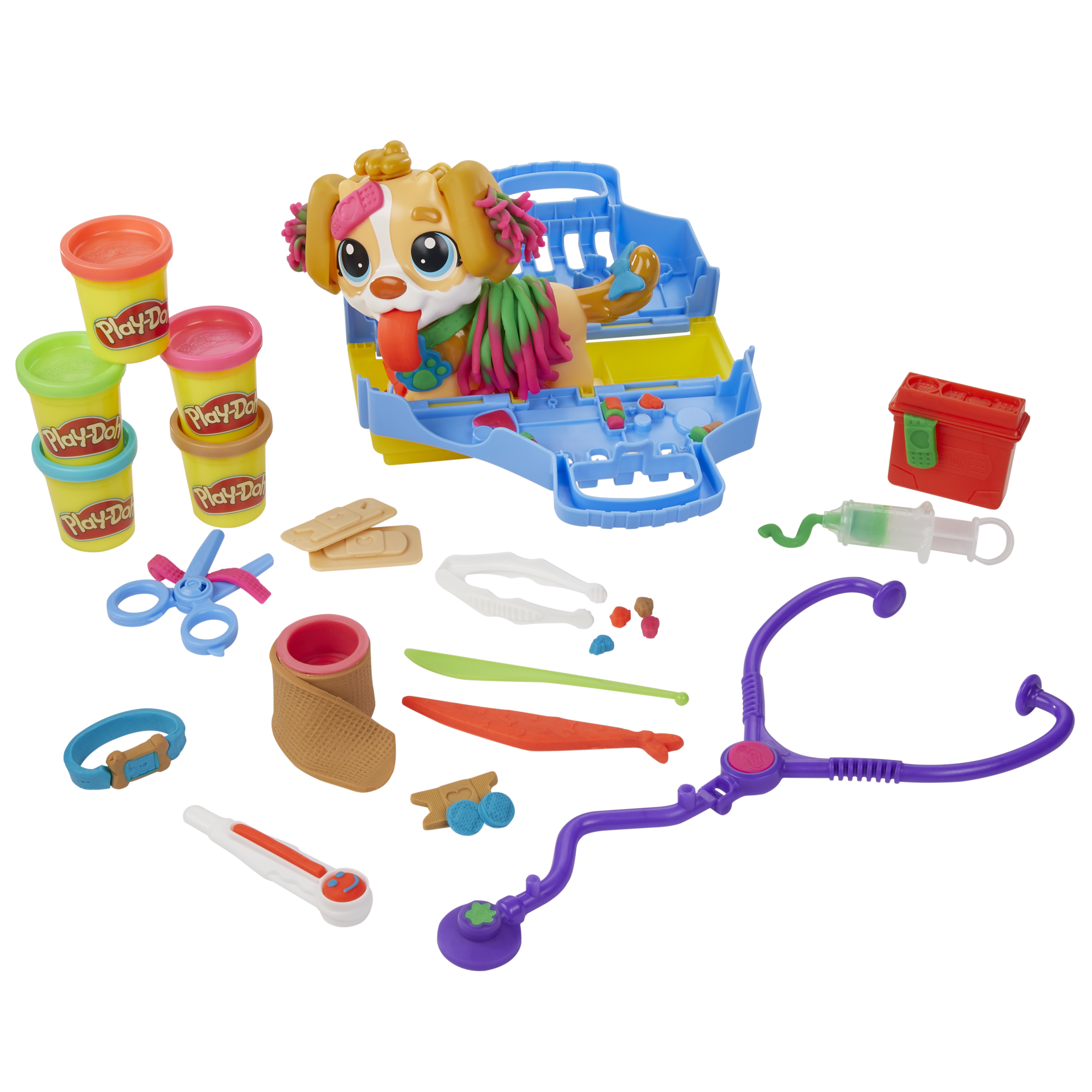 Un set Play-Doh veterinario con perro de juguete, plastilina y herramientas médicas.