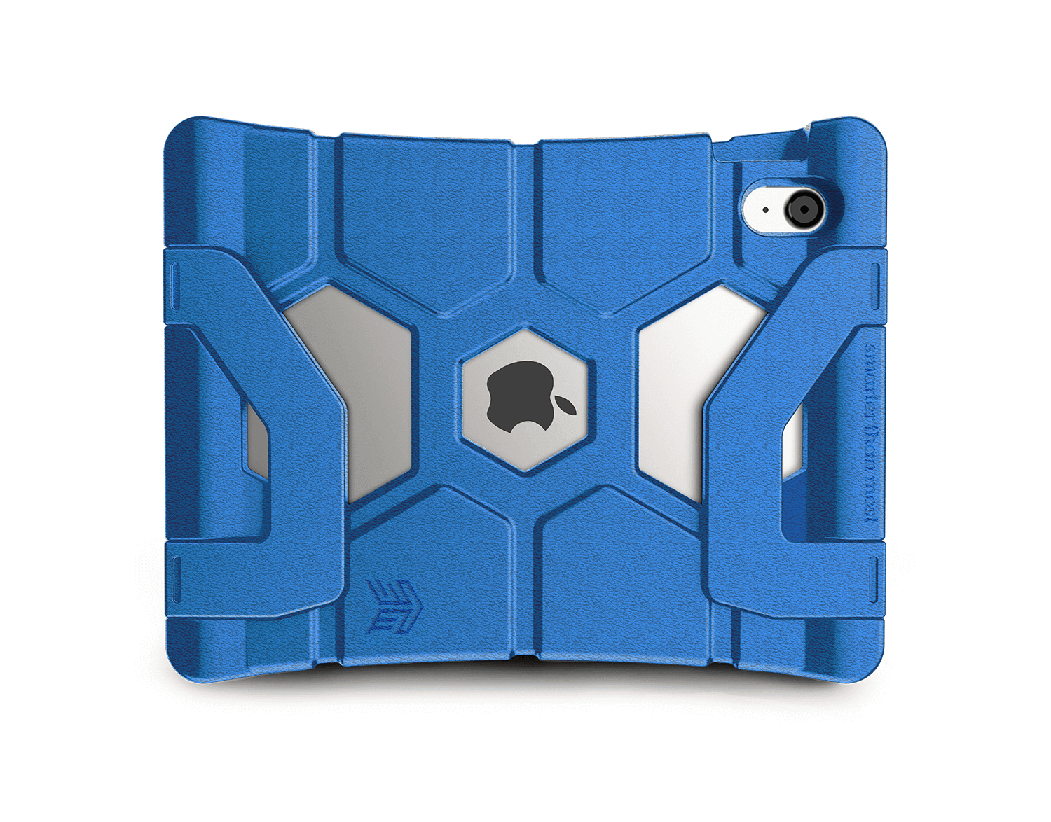 Custodia protettiva blu per iPad. È blu con un logo Apple argentato al centro.