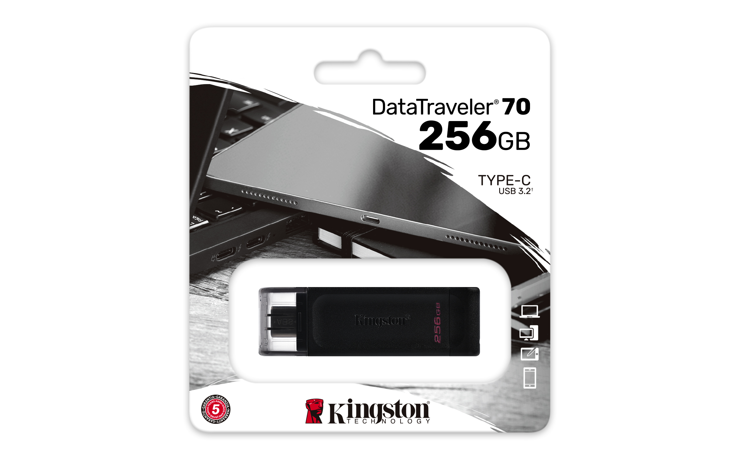 Czarny pendrive Kingston DataTraveler USB 70 w opakowaniu ze zdjęciem laptopa. Pojemność 256 GB.