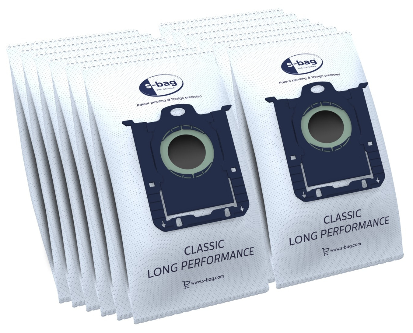 Worki do odkurzacza w białym opakowaniu. Worki mają niebieską część z nazwą i logo produktu.