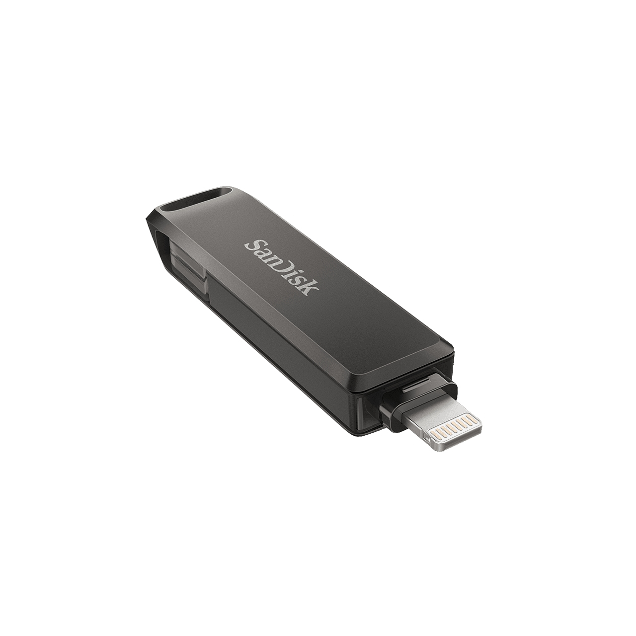 Czarny pendrive USB SanDisk ze srebrnym złączem lightning.