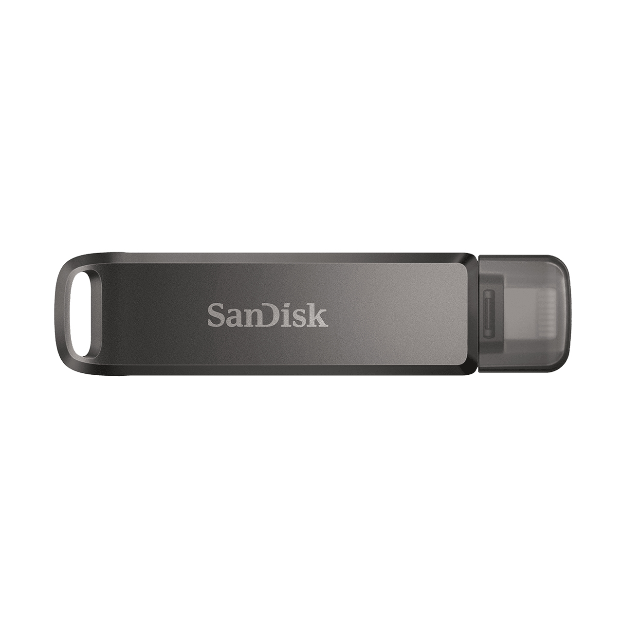 Czarny pendrive Sandisk na białym tle, pokazujący nazwę marki.