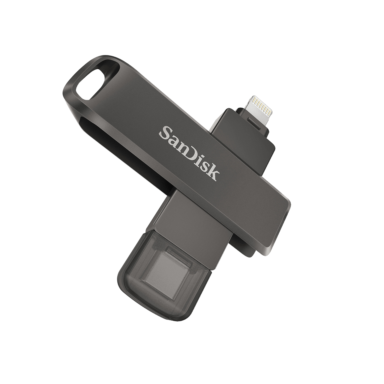 Szary i czarny pendrive Sandisk, z chowanym złączem i logo.