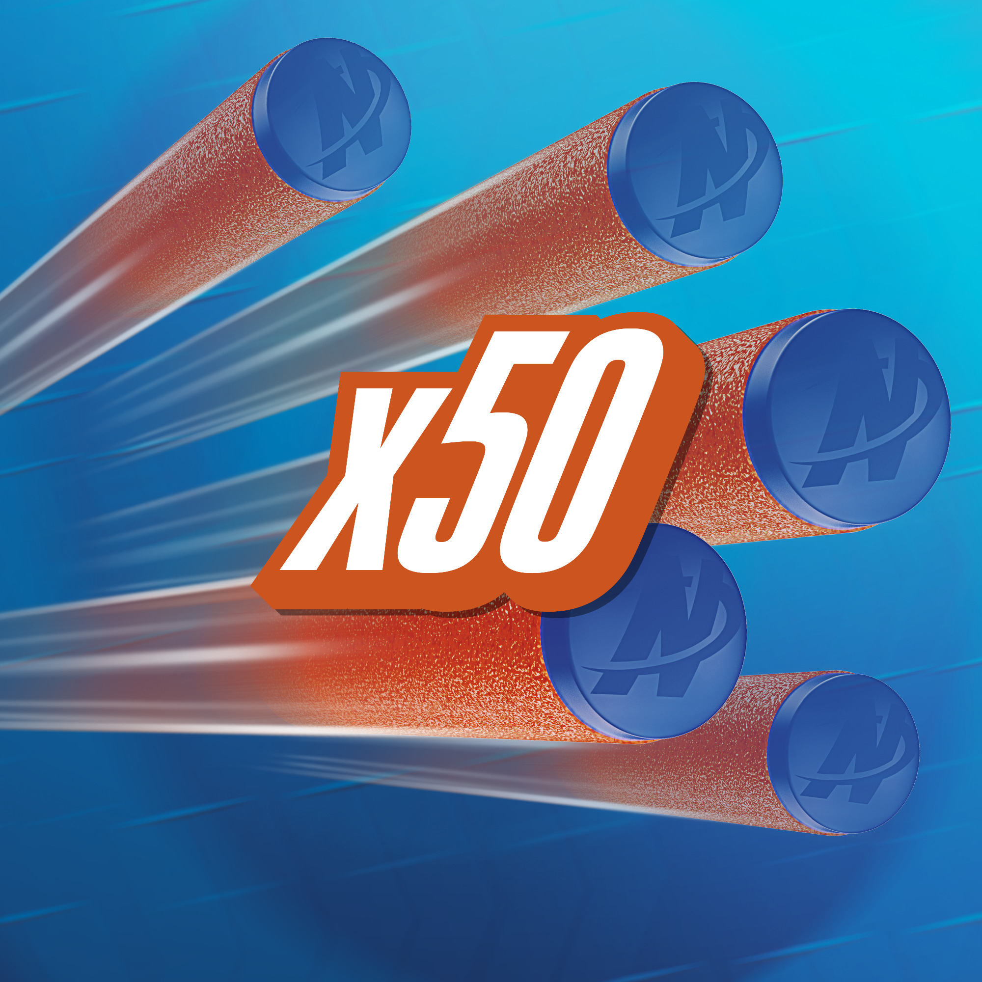 Logotipo naranja con texto X50 y cinco flechas de juguete azules sobre fondo azul.