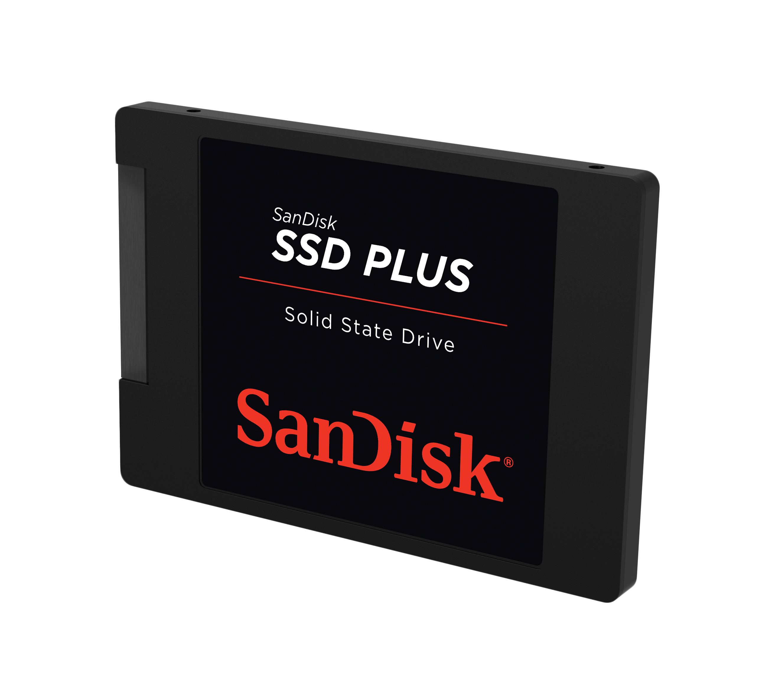 Czarny SanDisk SSD PLUS. Dysk jest czarny z widocznym logo SanDisk i SSD PLUS.