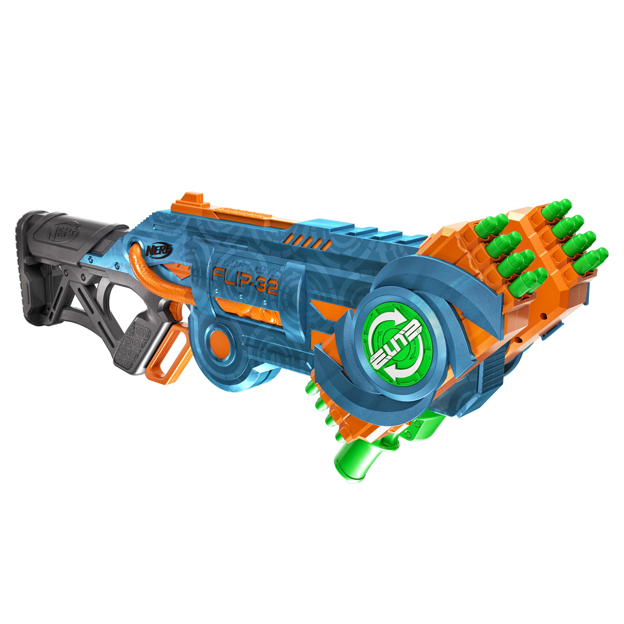 Eine blau-orange Spielzeugpistole mit grünen Akzenten, die eine Waffe darstellt.