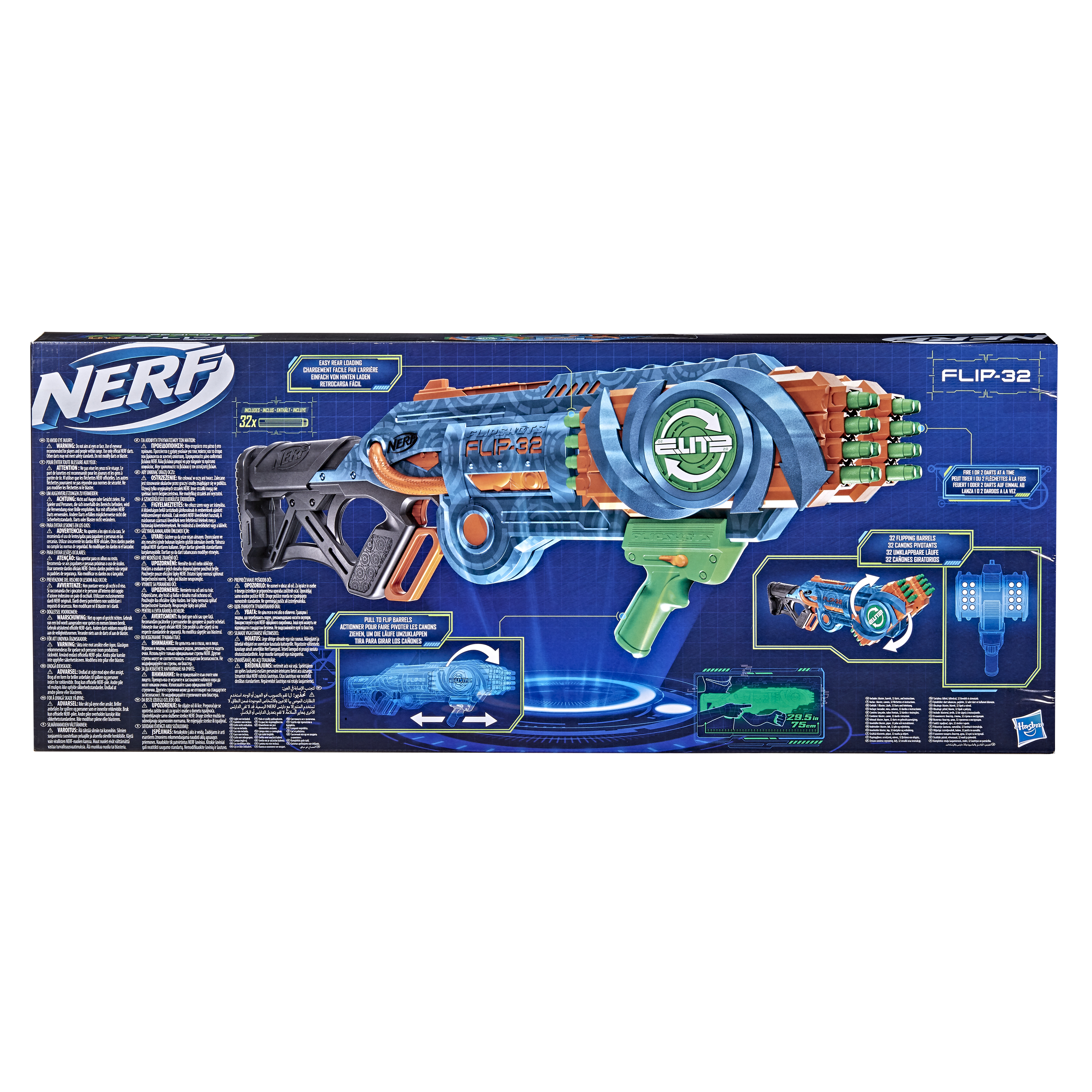 Nerf Flip-32 Blaster-Box, die die Spielzeugpistole und ihre Funktionen zeigt. Blaue und orange Farben.