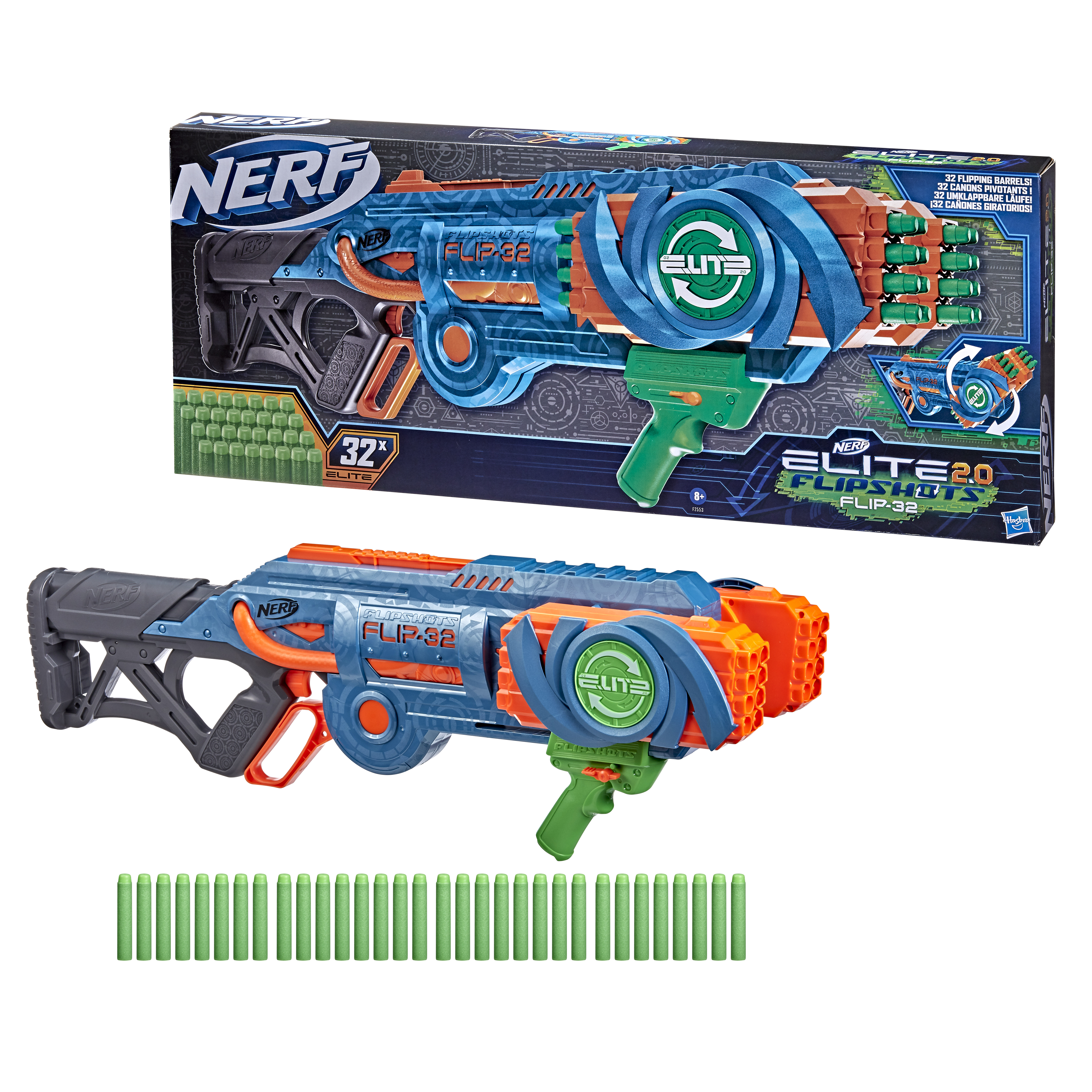 Nerf Flipshot Spielzeugpistole mit Box und 32 grünen Kugeln auf weißem Hintergrund.
