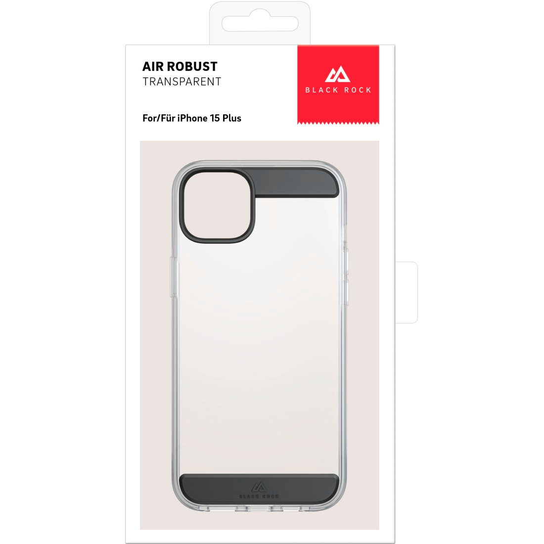 Black Rock iPhone 15 Plus Hülle in der Verpackung. Klare Hülle mit schwarzen Akzenten.