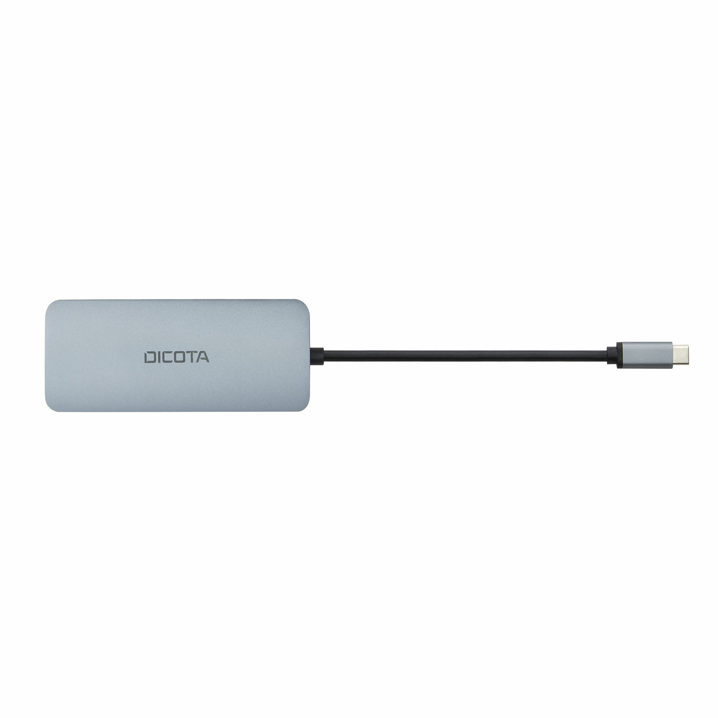 Un hub USB-C Dicota argentato con cavo e connettore neri. Il logo Dicota è visibile.