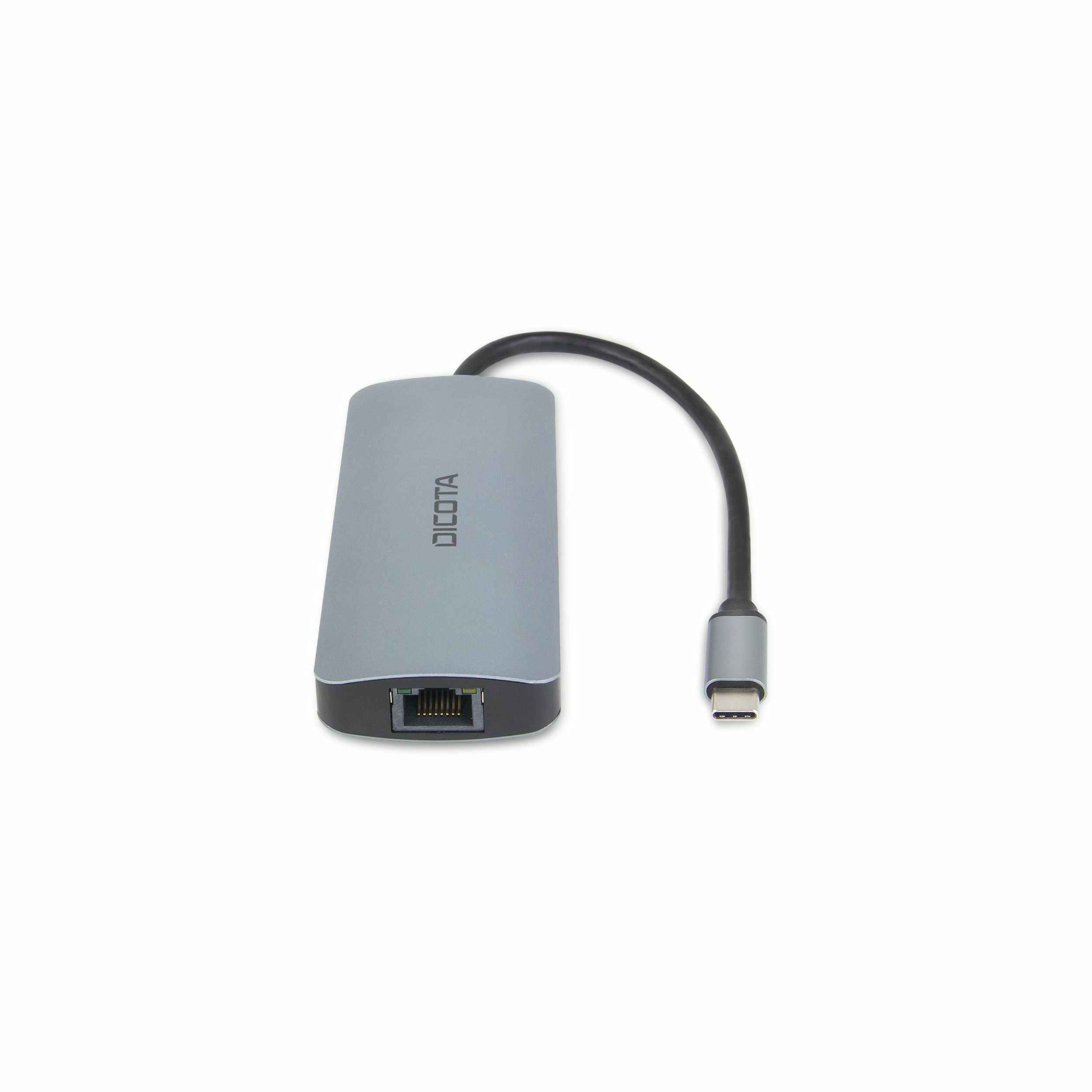 Adattatore Ethernet Dicota grigio con connettore USB-C, sfondo bianco.