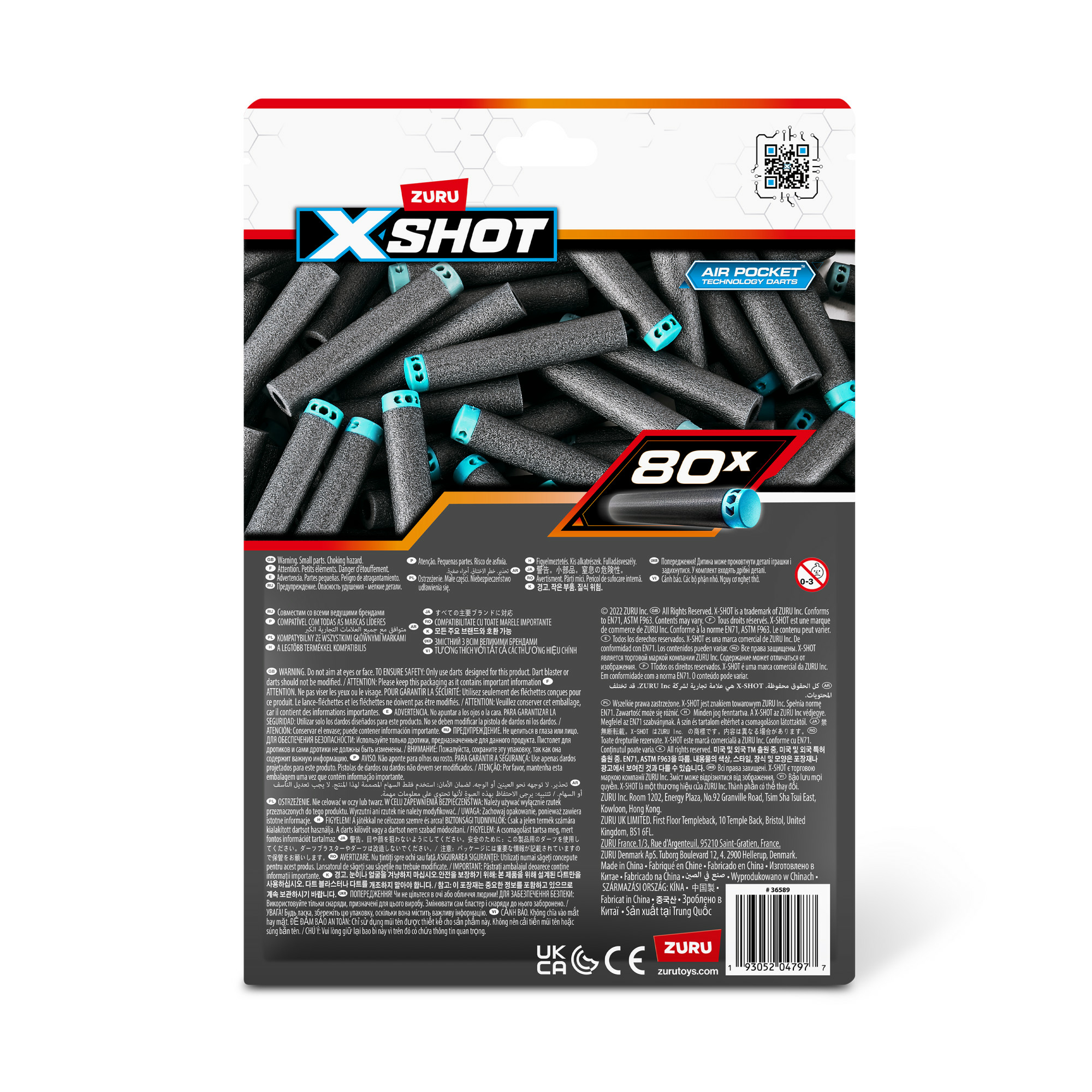 Un paquete de dardos de juguete X-Shot. Los dardos son grises con puntas azules. Fondo blanco. Texto y advertencias.
