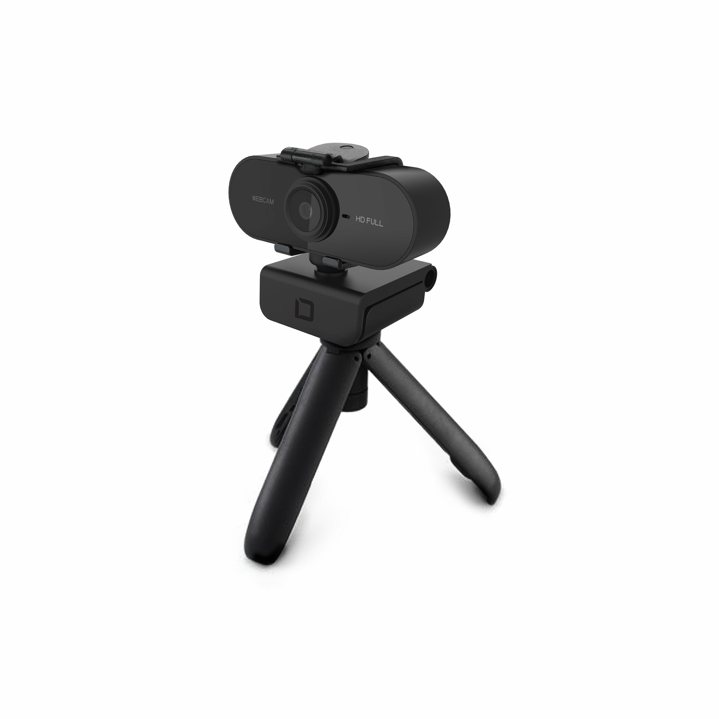 Eine schwarze Webcam auf einem kleinen Stativ. Die Webcam hat ein Objektiv und die Worte 'WEBCAM HD FULL'.