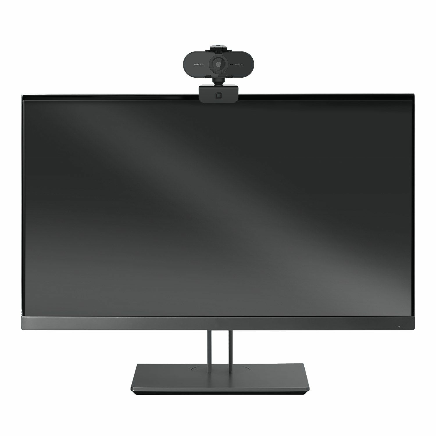 Ein schwarzer Computermonitor mit einer Webcam oben. Der Monitor steht auf einem Ständer.