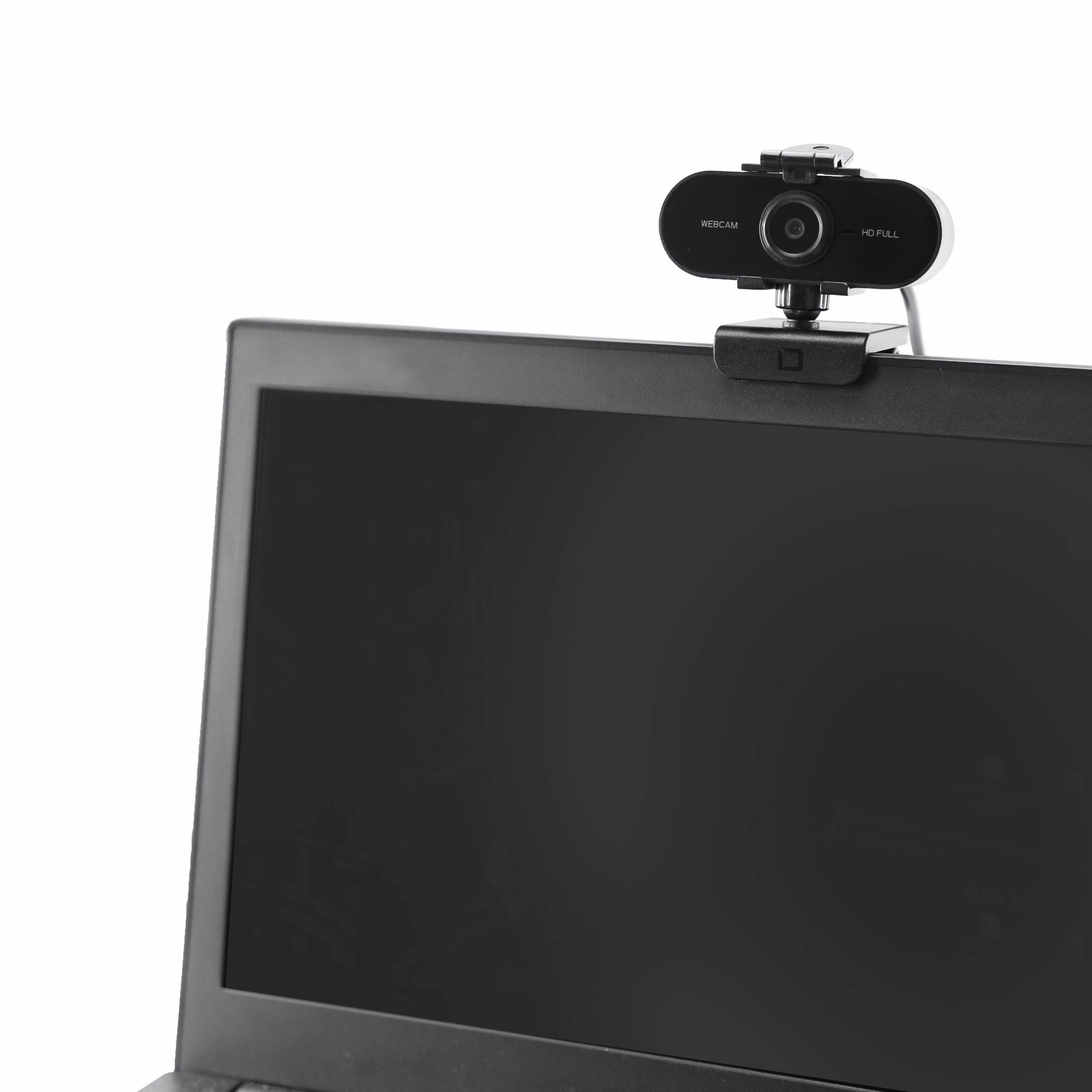 Webcam oben auf einem Laptop-Bildschirm. Schwarze Webcam, schwarzer Laptop. Weißer Hintergrund.