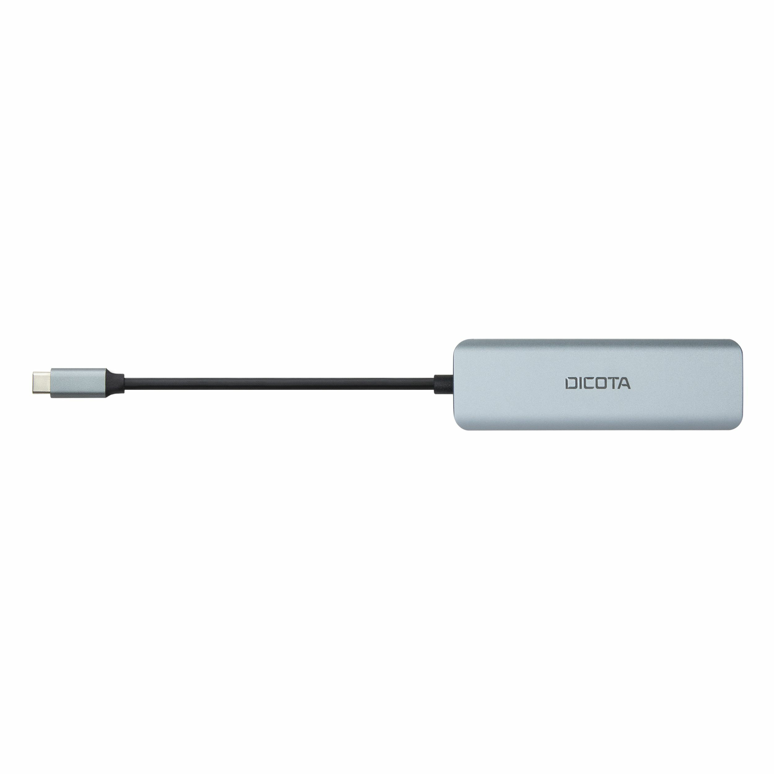 Hub USB-C grigio chiaro con cavo nero e connettore USB-C. Il marchio è visibile.