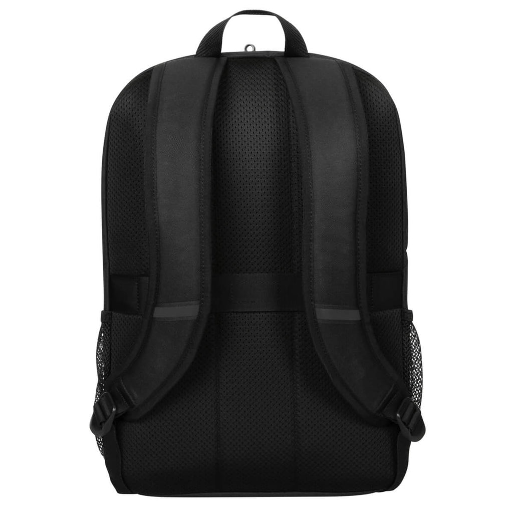 Schwarzer Rucksack mit gepolsterten Trägern und Rücken sowie einer Seitentasche aus Mesh. Rückansicht.