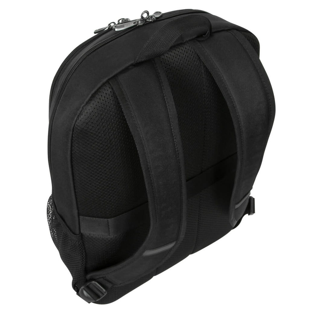 Schwarzer Rucksack mit Netzrücken und Schultergurten. Die Oberseite hat Reißverschlüsse und einen Griff. Von hinten gesehen.