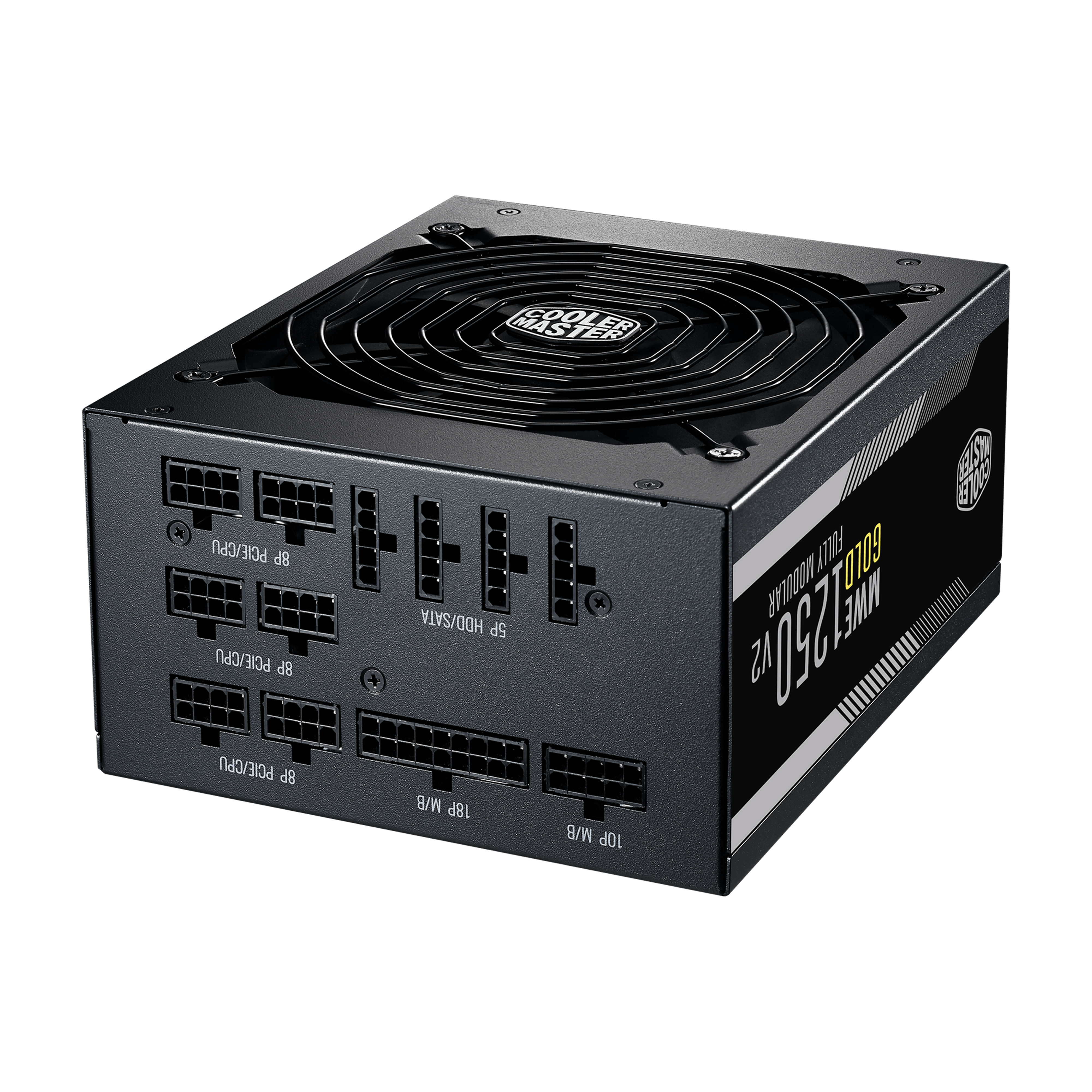 Zwarte computer voeding met connectoren aan de zijkant en een ventilator bovenop.