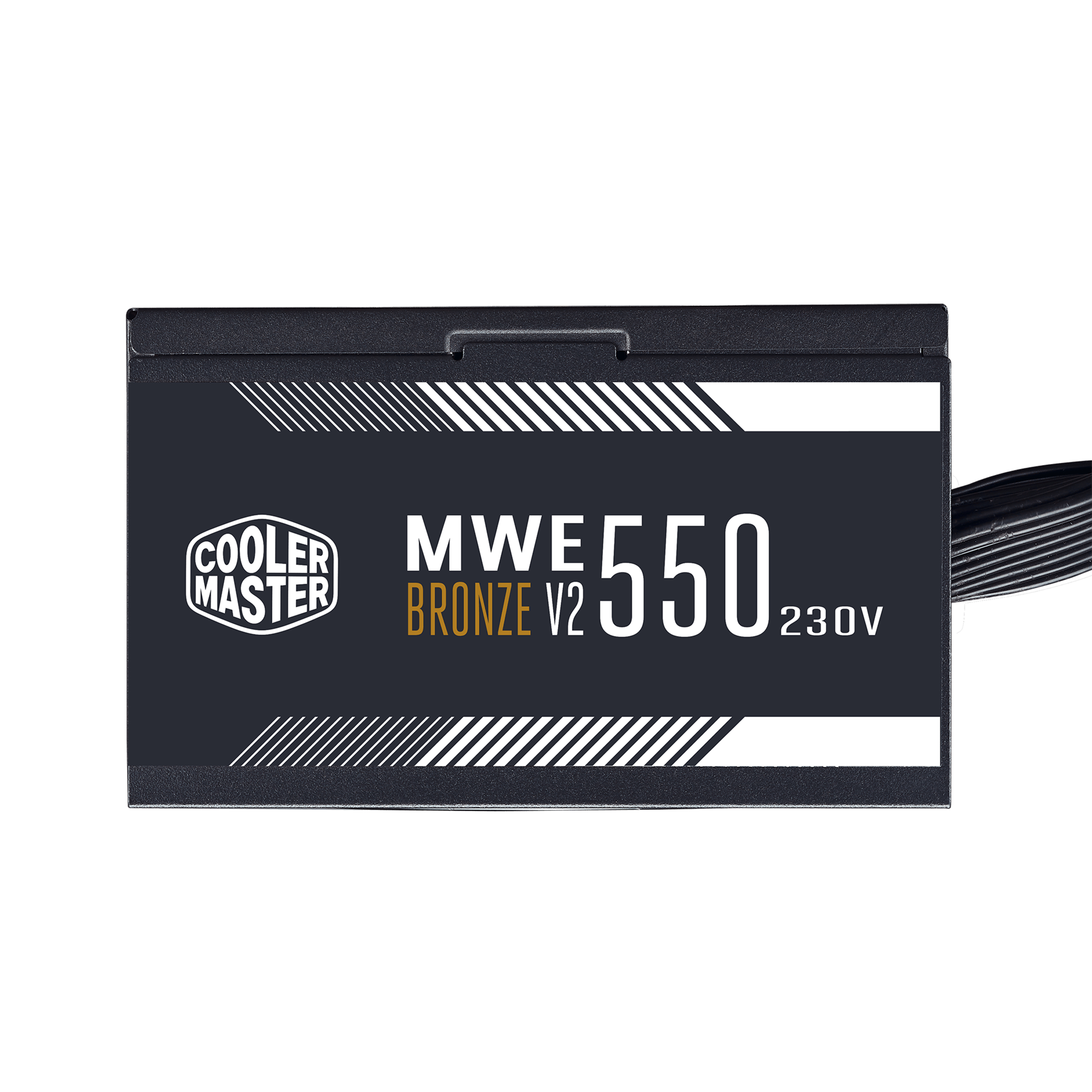 Un alimentatore nero con testo tra cui Cooler Master, MWE Bronze V2 e 550 230V.