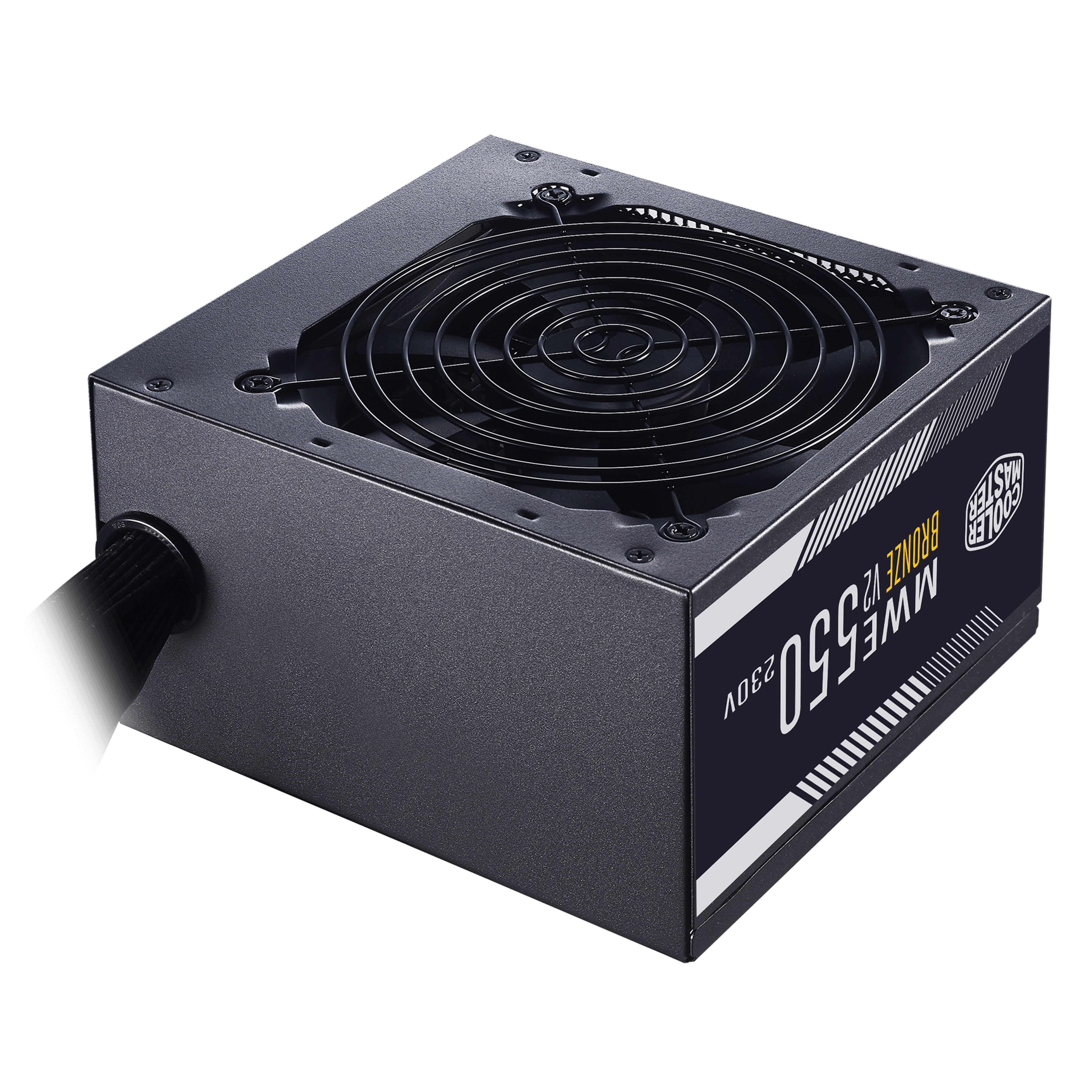 Un alimentatore per computer nero con ventola, viene visualizzato il marchio.