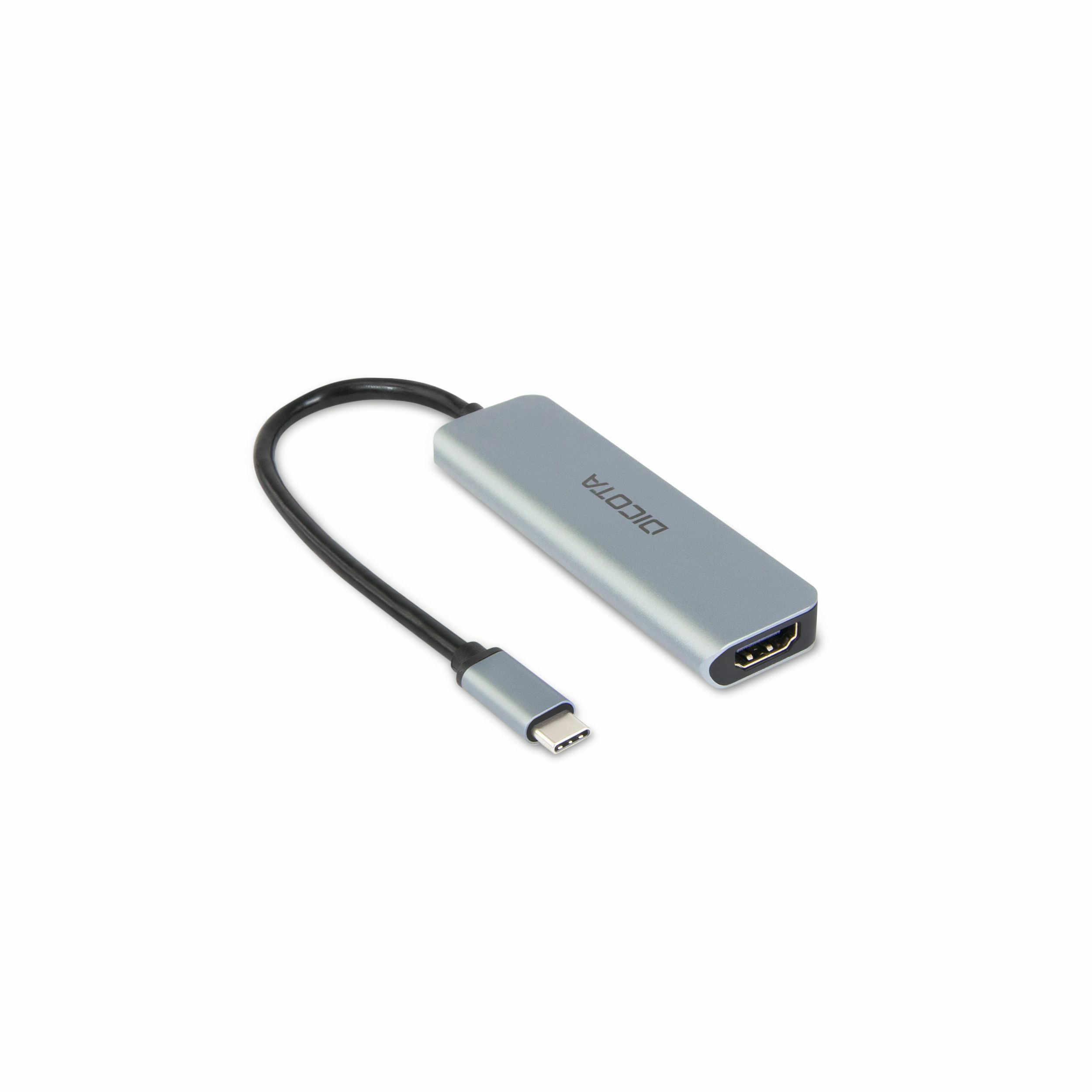 Un adattatore Dicota USB-C a HDMI argentato con un cavo nero, su sfondo bianco.