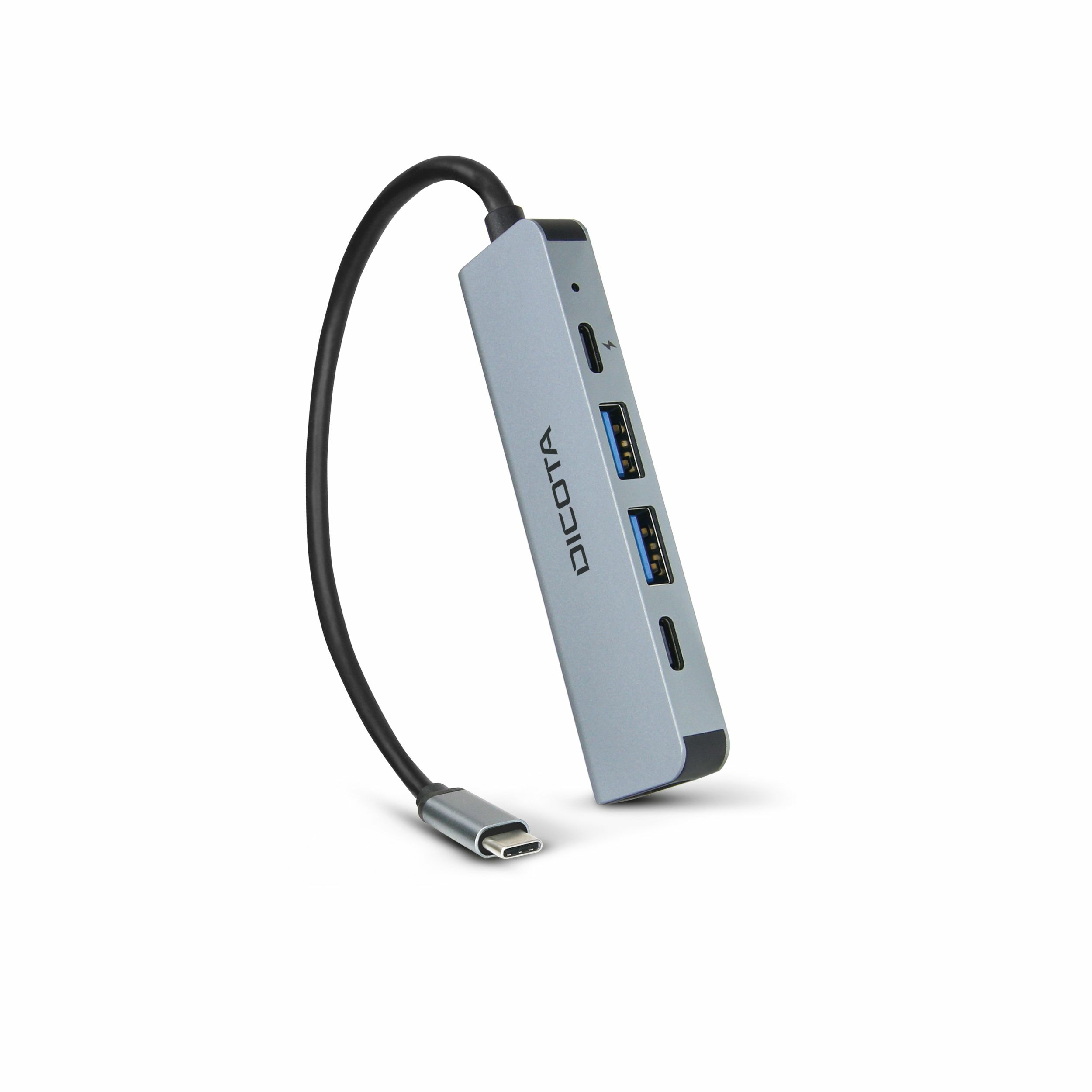 Un hub USB-C grigio con più porte e un cavo nero. È su uno sfondo bianco.