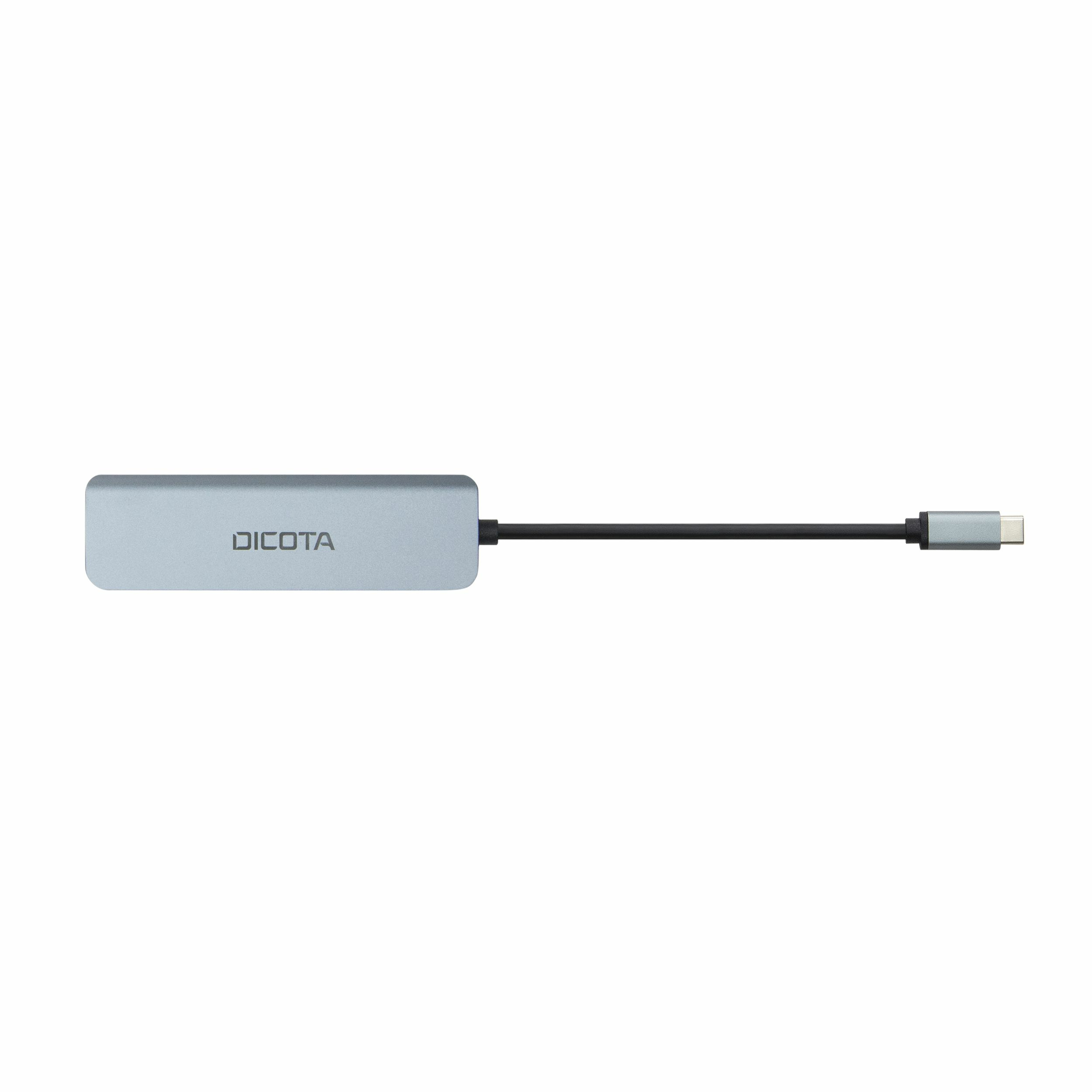 Un hub USB-C DICOTA argentato con cavo nero e connettore USB-C su sfondo bianco.