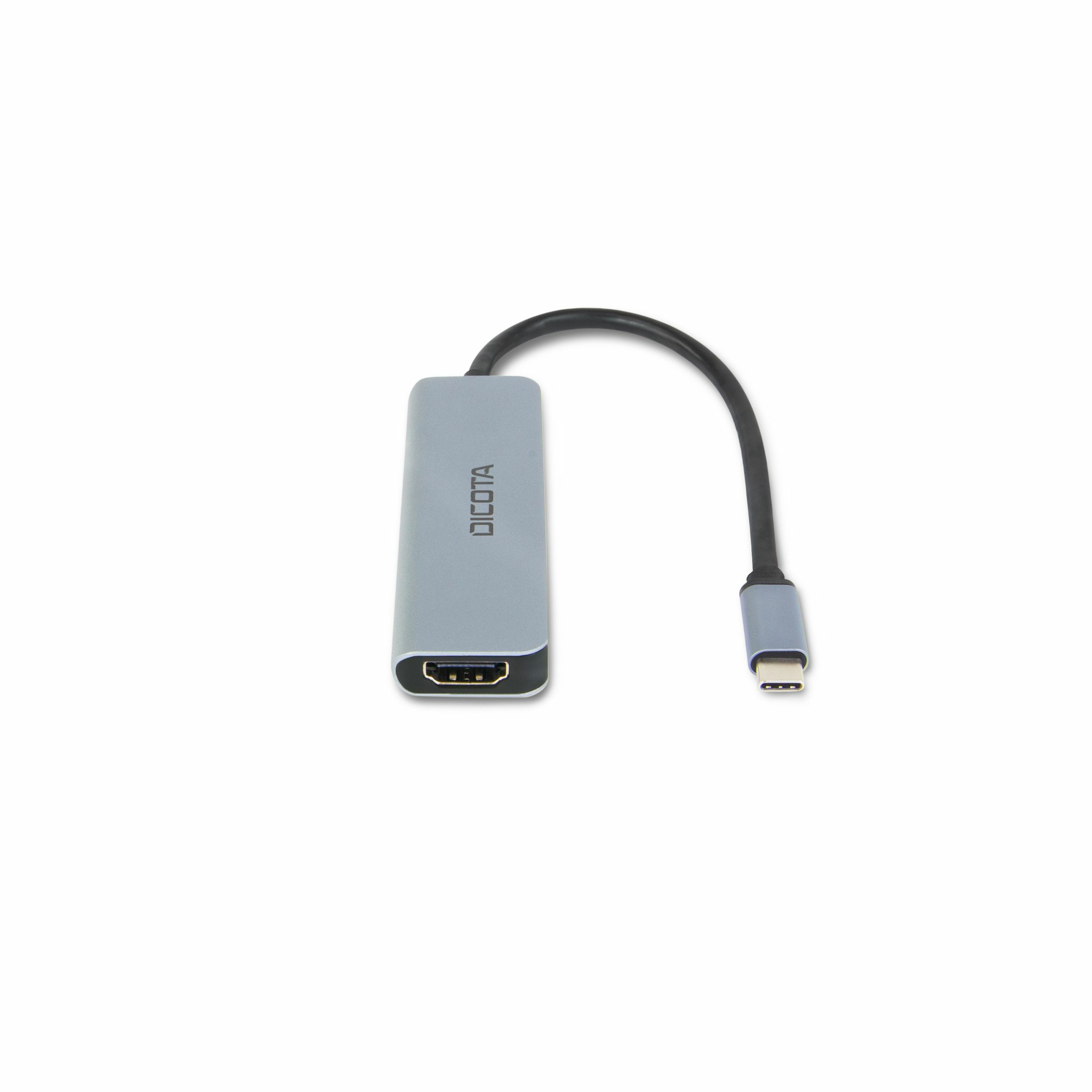 Adattatore Dicota grigio con connettori HDMI e USB-C, sfondo bianco.