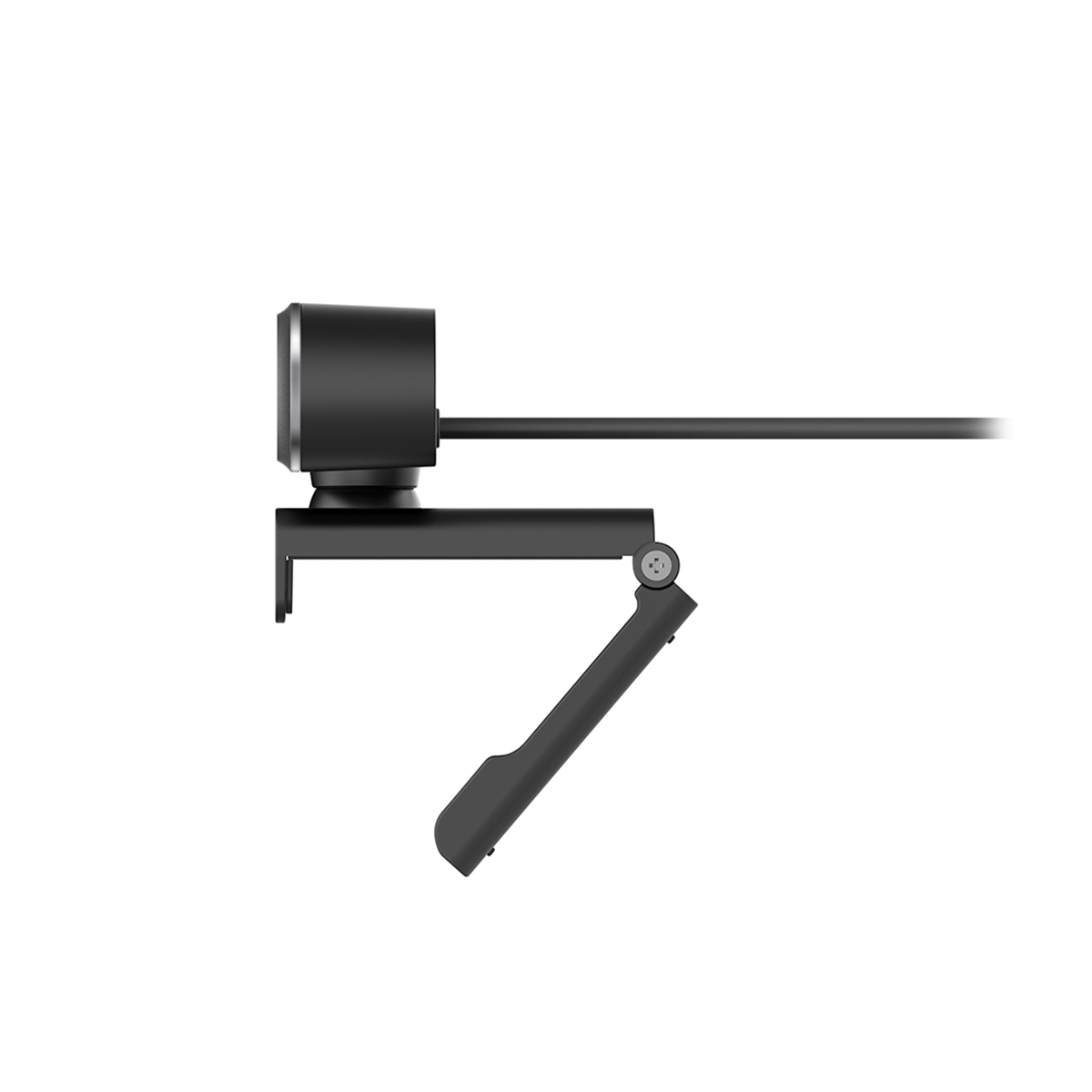 Czarna kamera internetowa, zamontowana na czarnym wsporniku, wszystko na białym tle.