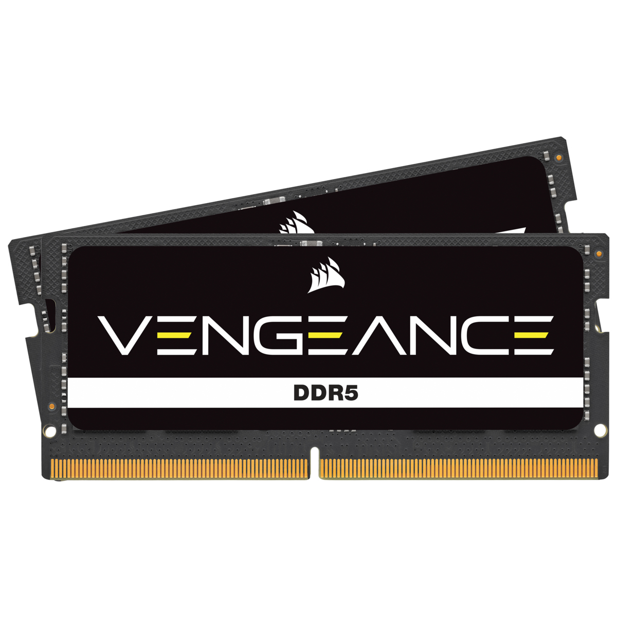 Dwa moduły RAM z czarnym radiatorem i białym tekstem: Vengeance DDR5. Znajdują się na białym tle.