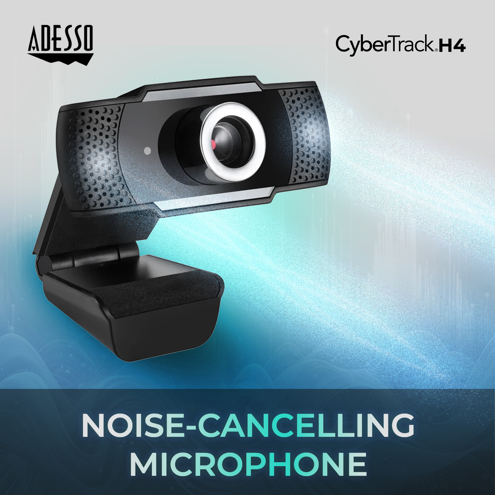 Webcam noire avec microphone, marque 'ADESSO CyberTrack H4', avec effets de lumière bleue.